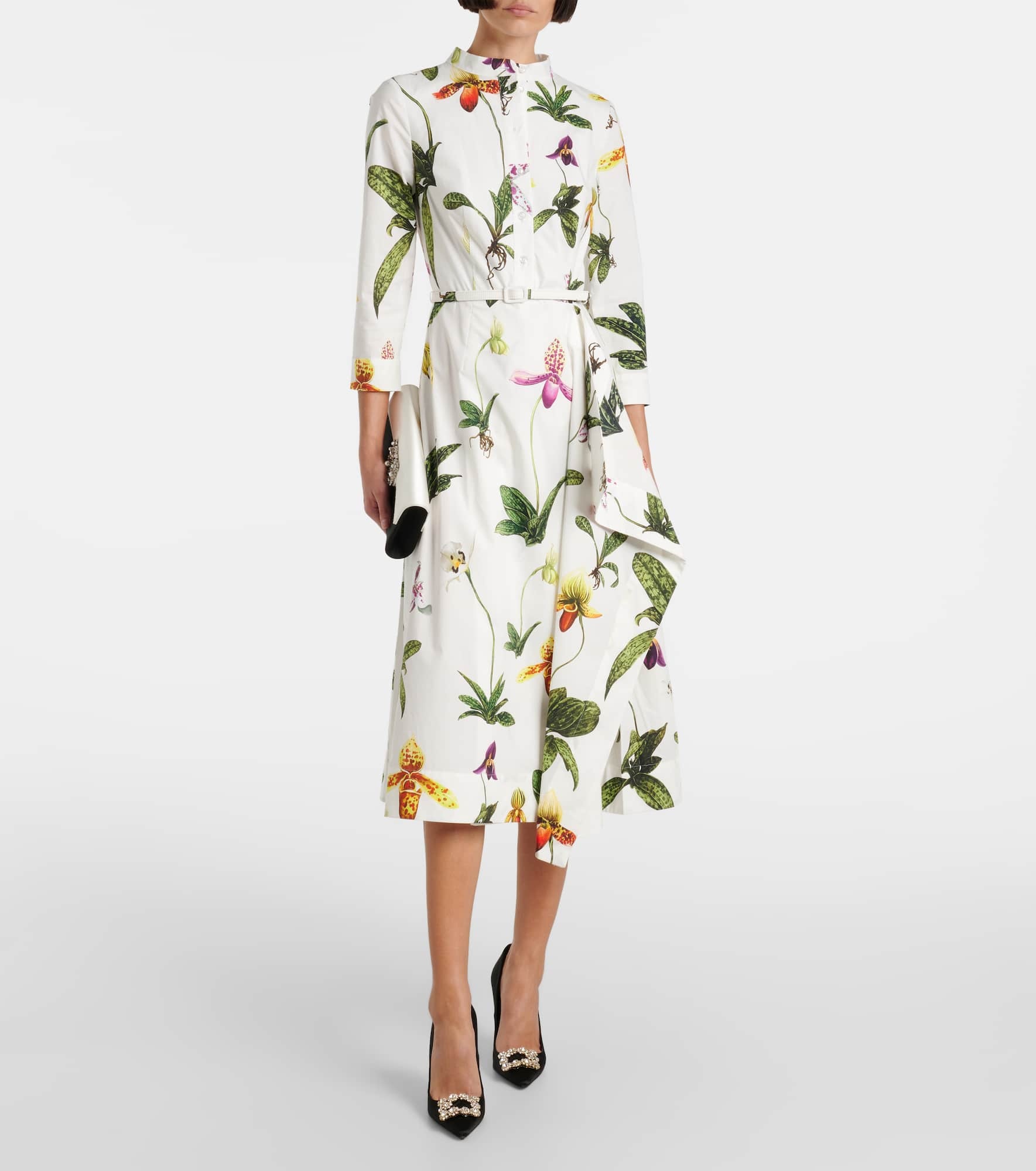 Floral pleated cotton-blend poplin midi dress - 2