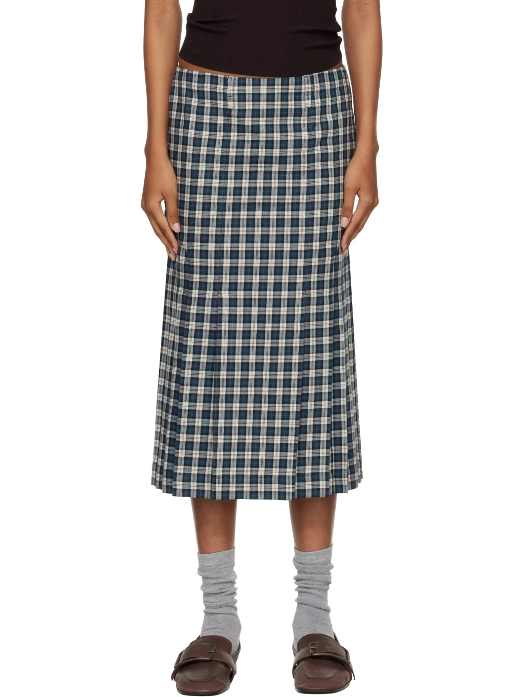 Green & Off-White Flannel Midi Skirt - 1