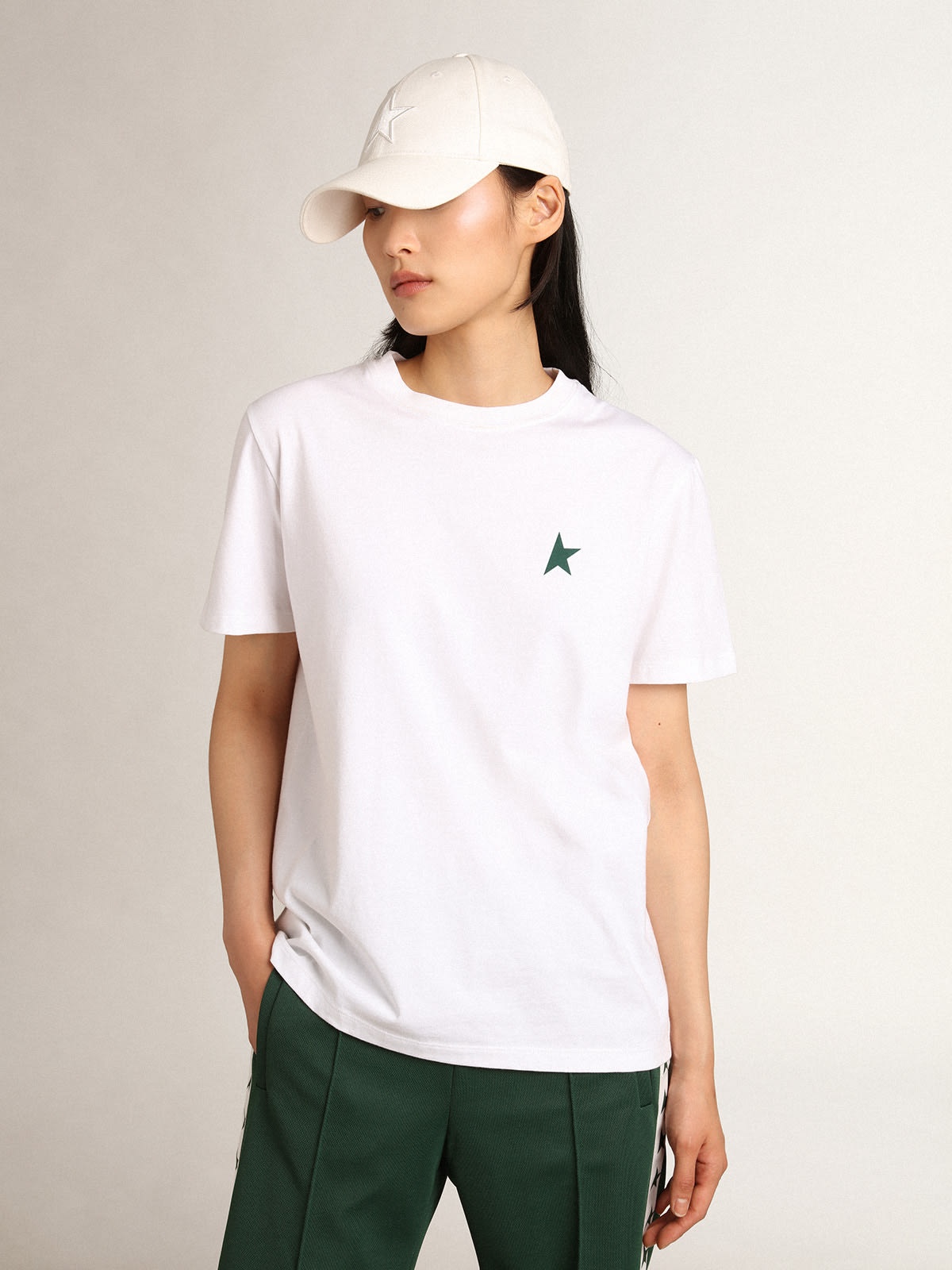 Women's white T-shirt with green star on the front - 2