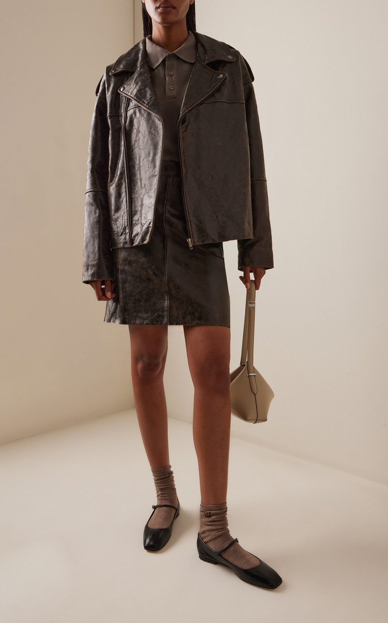 The Garment Margo Crunch-Effect Leather Biker Jacket brown outlook