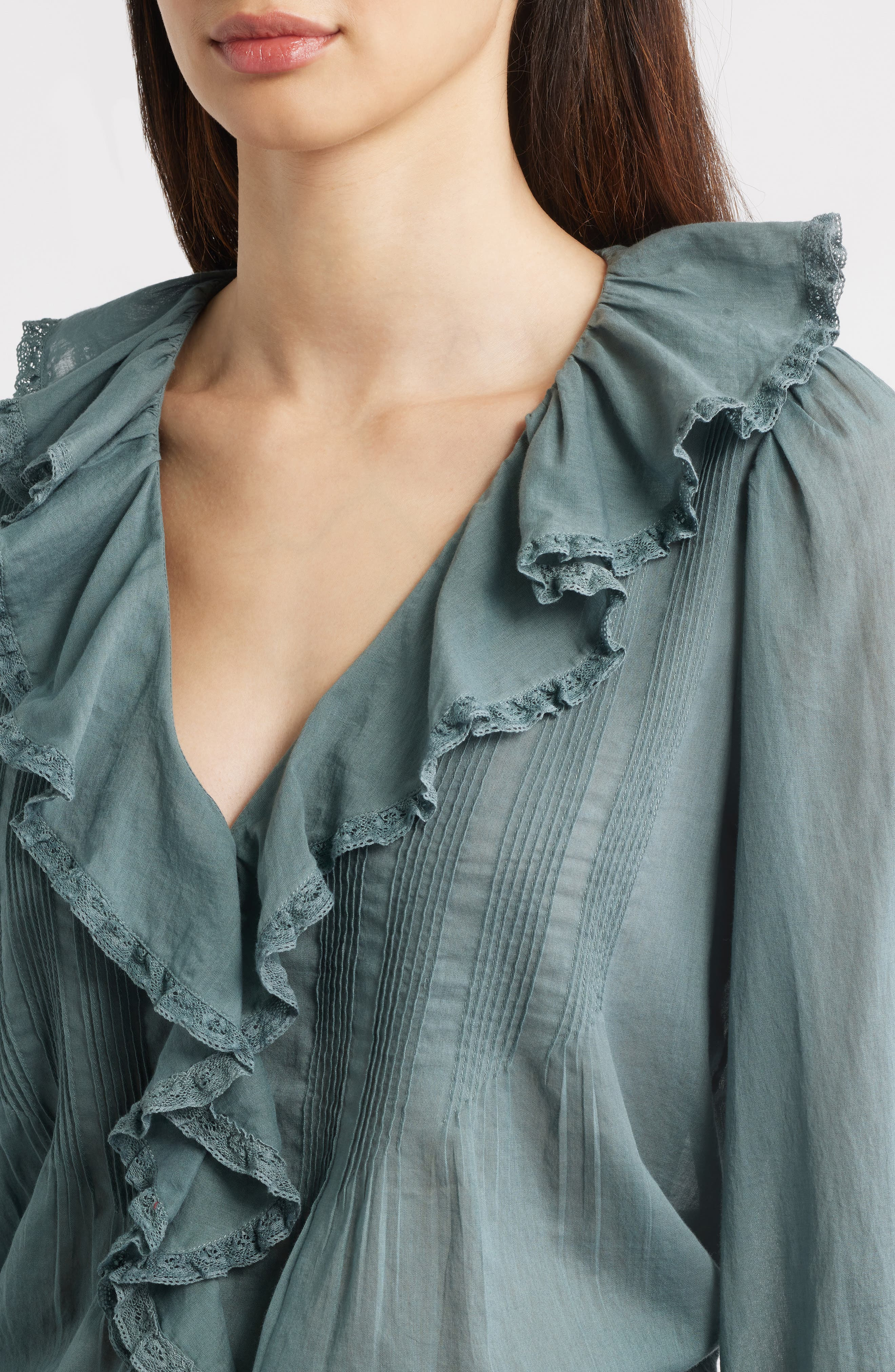 DÔEN Hardy Ruffle Pintuck Organic Cotton Top in Lagoon at Nordstrom - 4