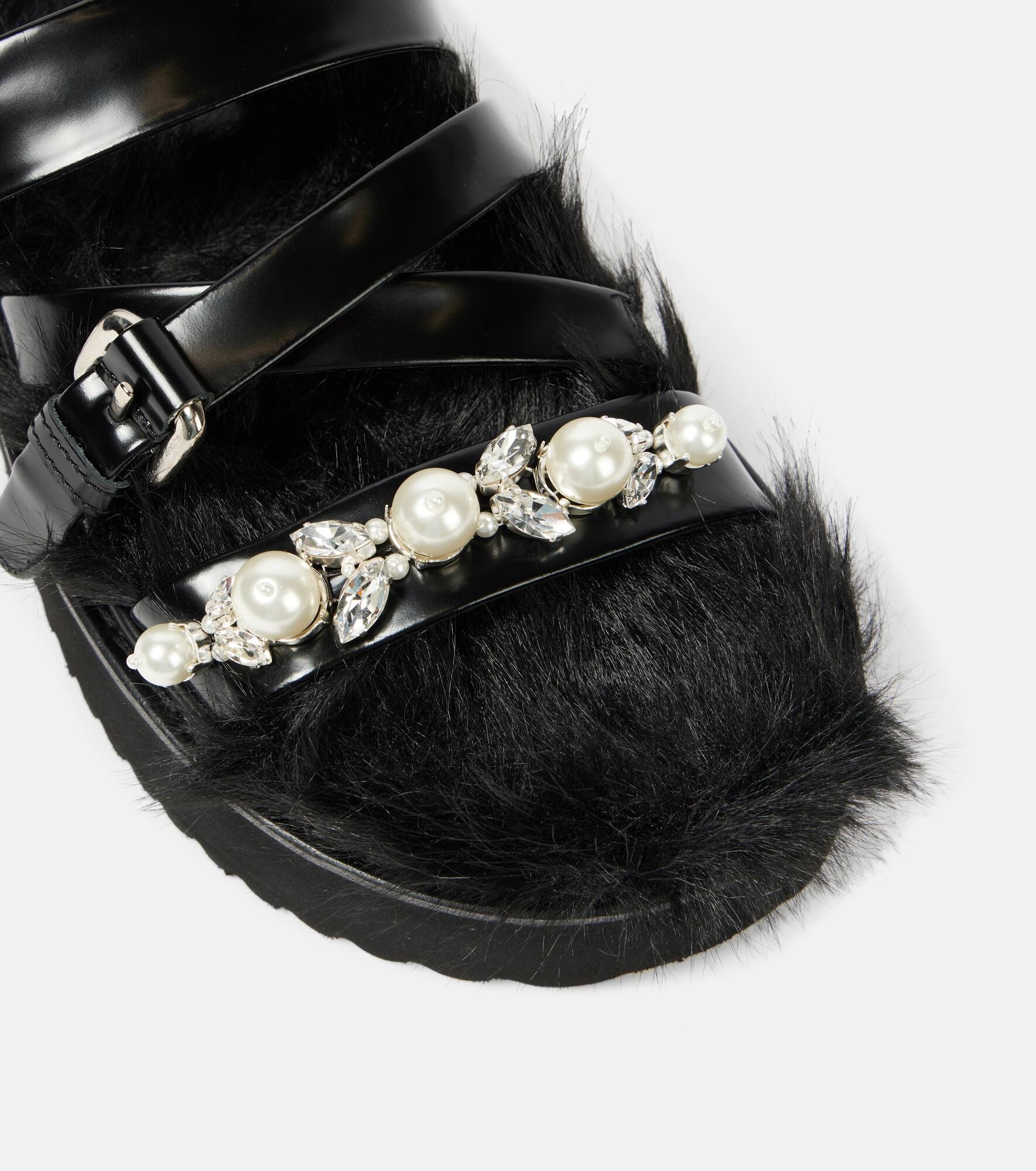 Faux fur-trimmed leather platform sandals - 5