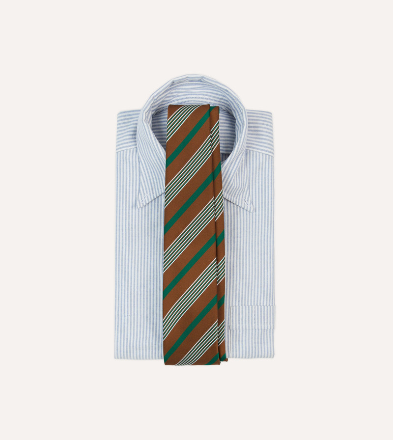 Drake's Brown, Green and White Multi Stripe Mogador Silk Tipped Tie outlook