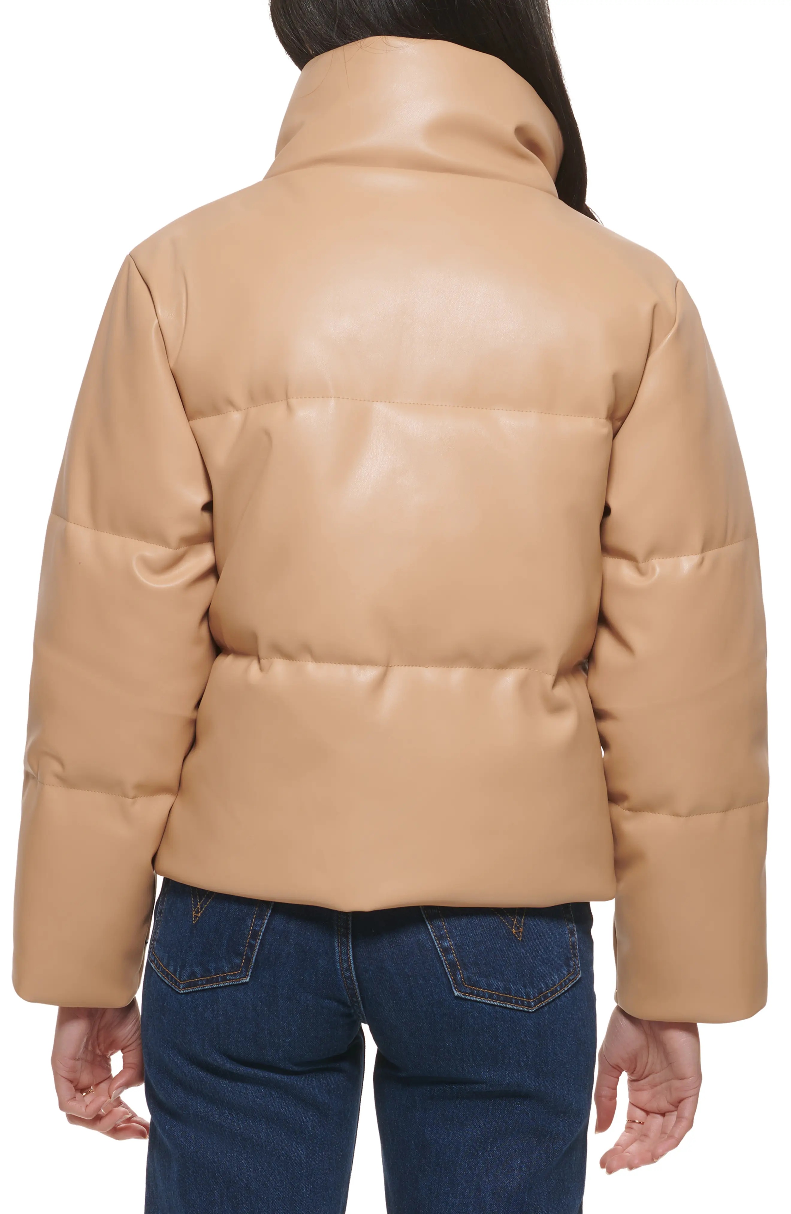 Water Resistant Faux Leather Puffer Jacket - 2