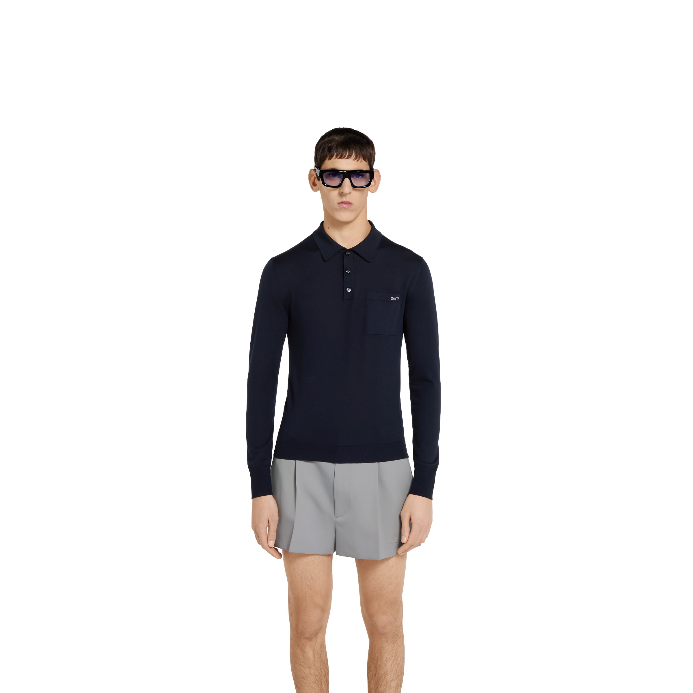 Fine wool knit polo top with intarsia - 3