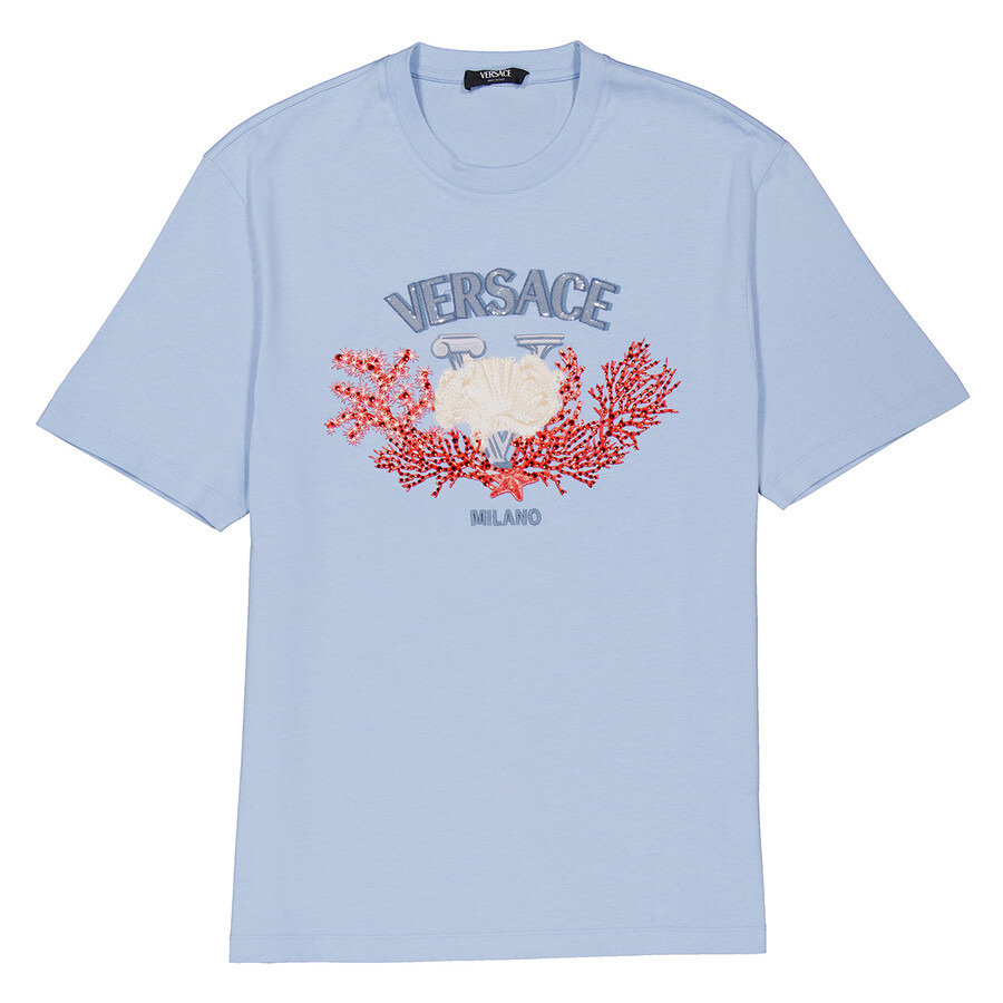 Versace University Coral Embroidered Cotton T-Shirt - 5