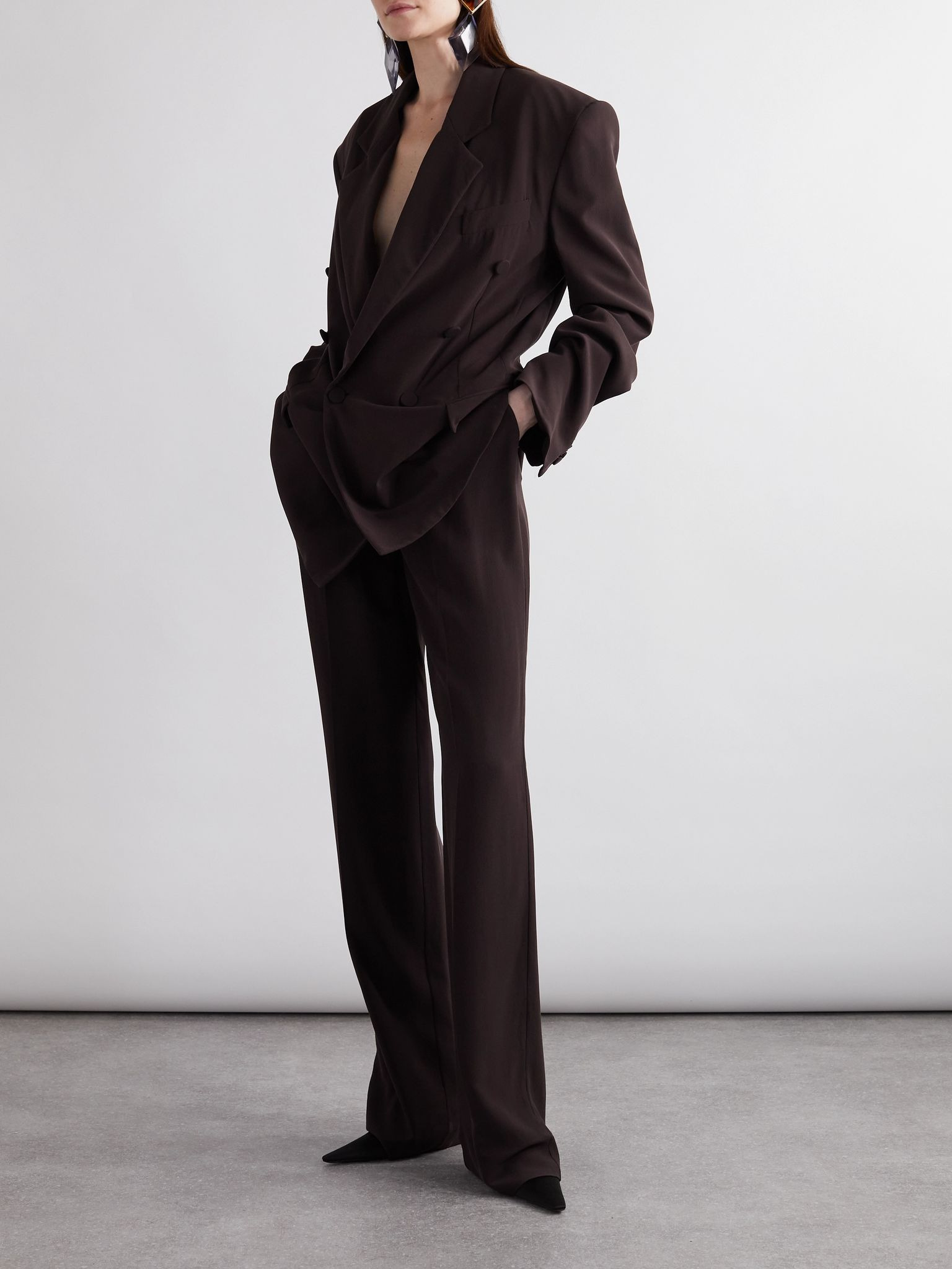 Silk-georgette straight-leg pants Dark brown - 2