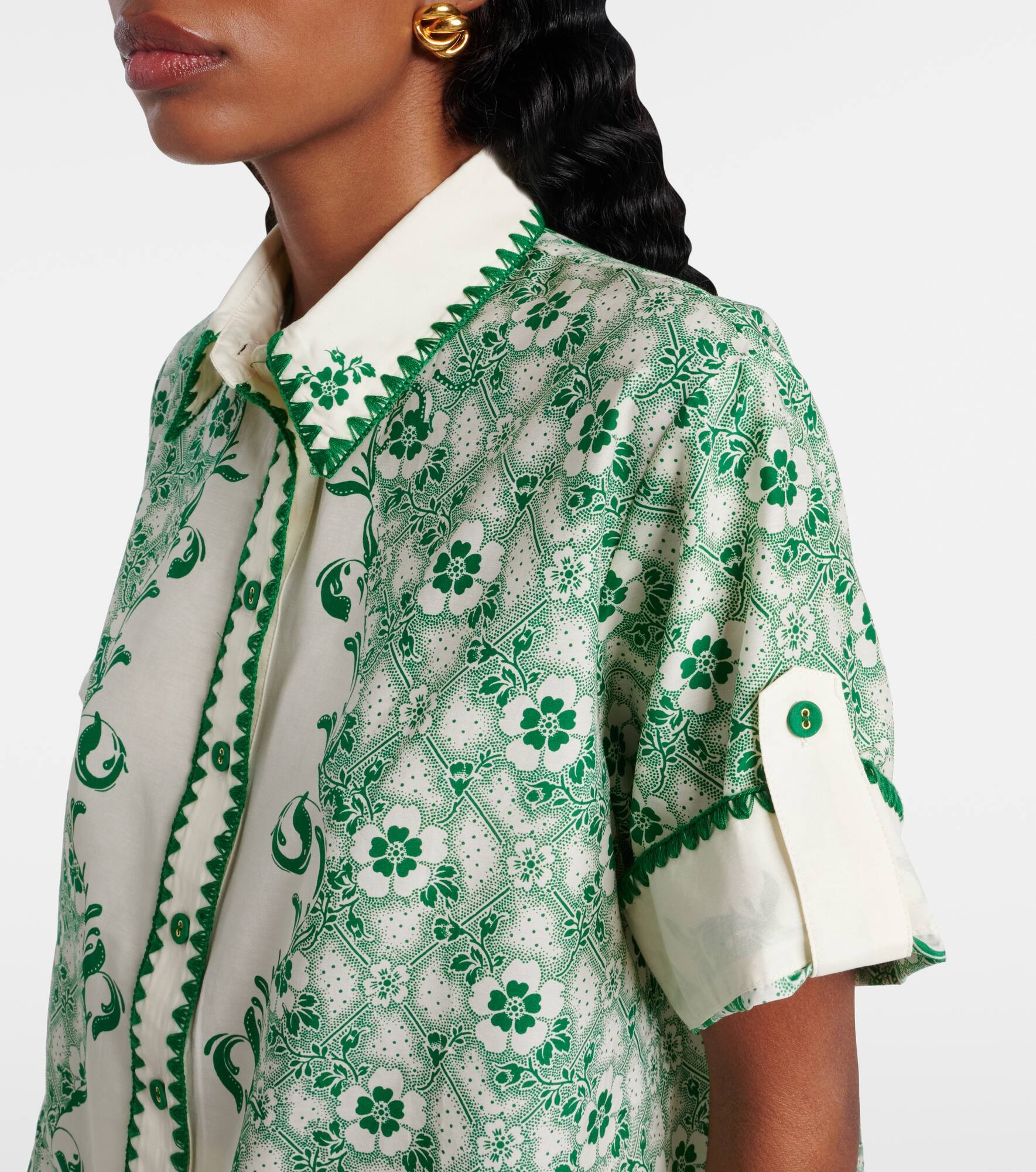 Olive printed cotton and silk shirt - 4