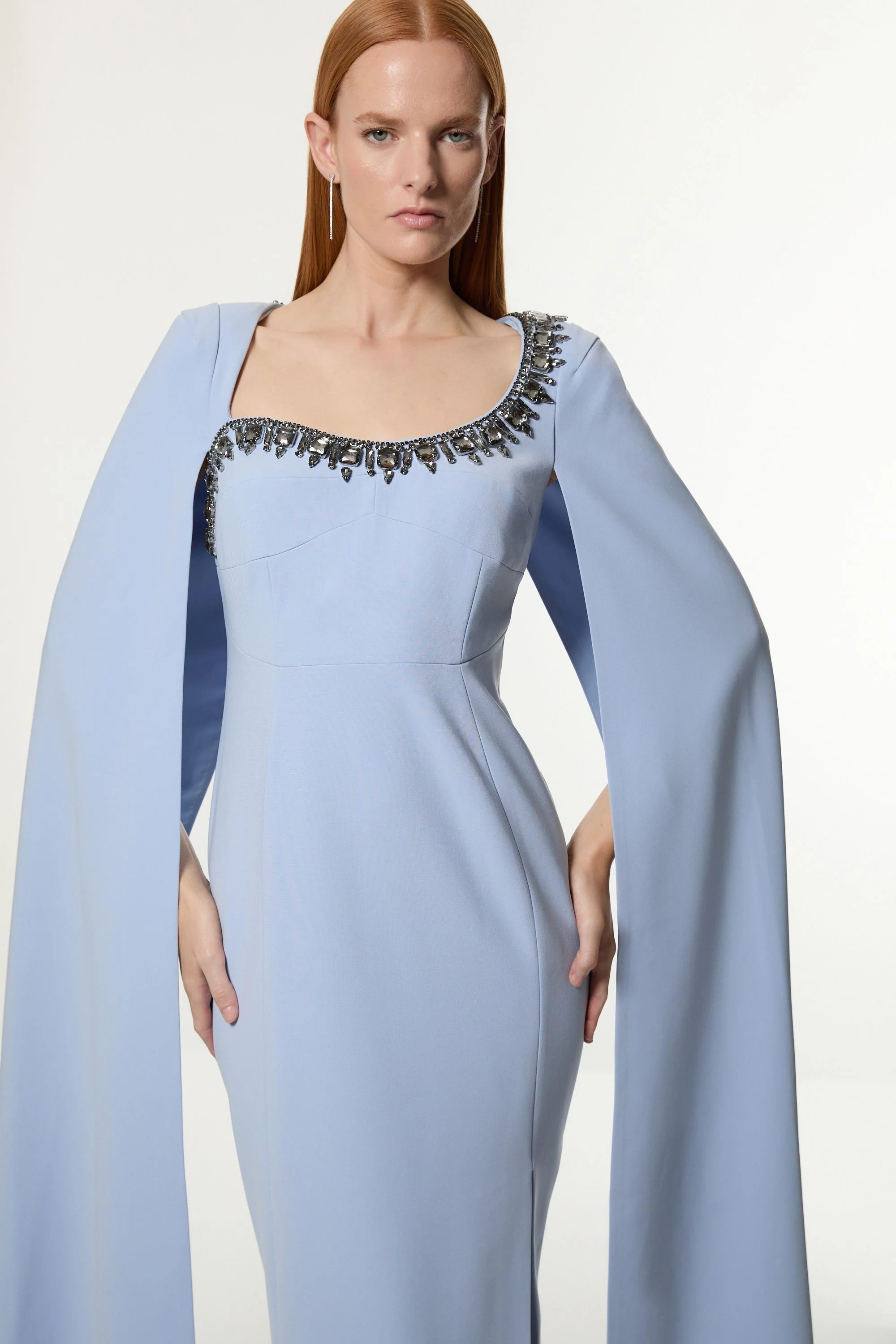 Crystal Embellished Viscose Crepe Woven Cape Maxi Dress - 1