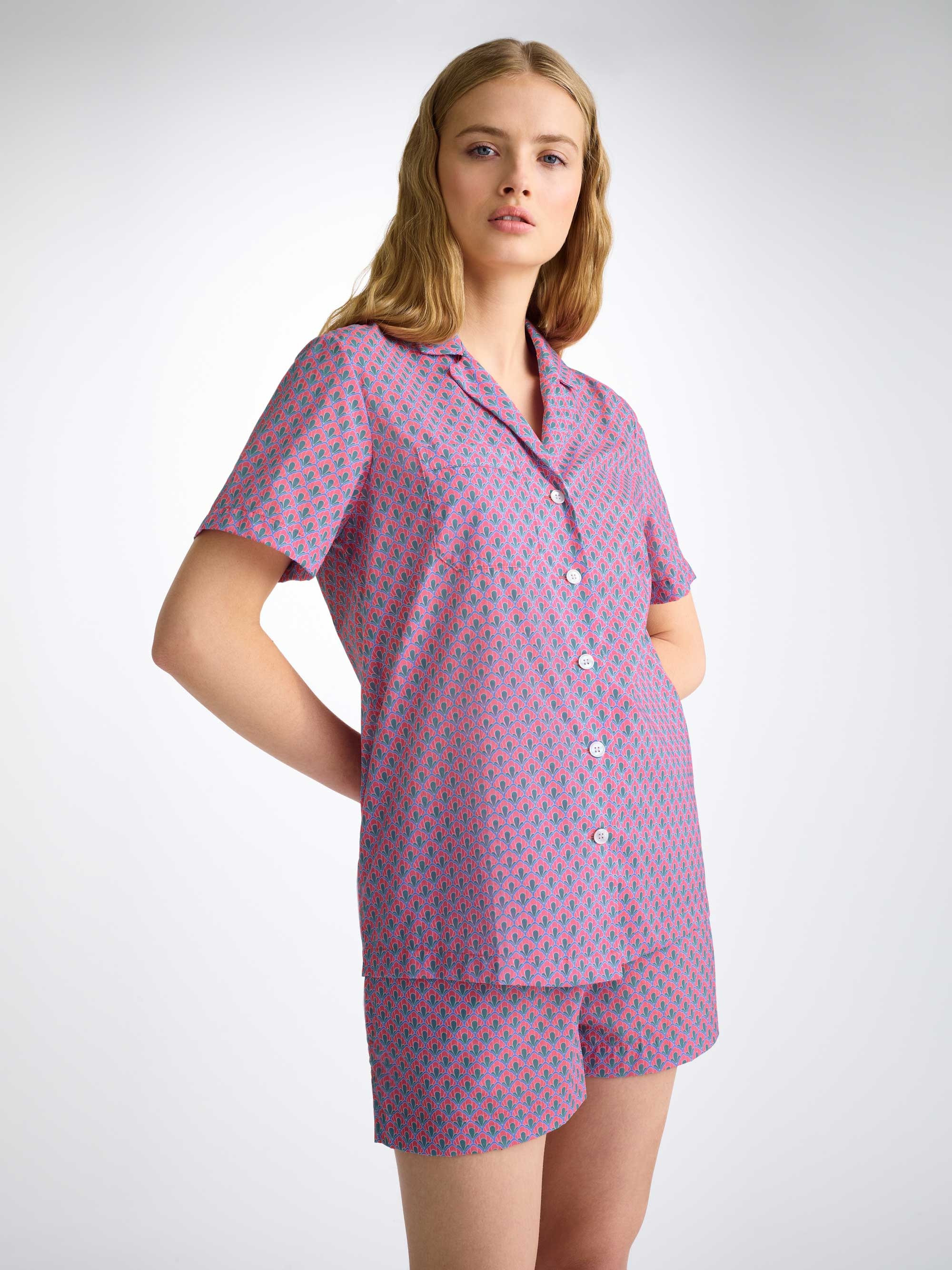 Women's Short Pajamas Cotton Batiste Flamingo Pink Scalloped Leaf Print - 2