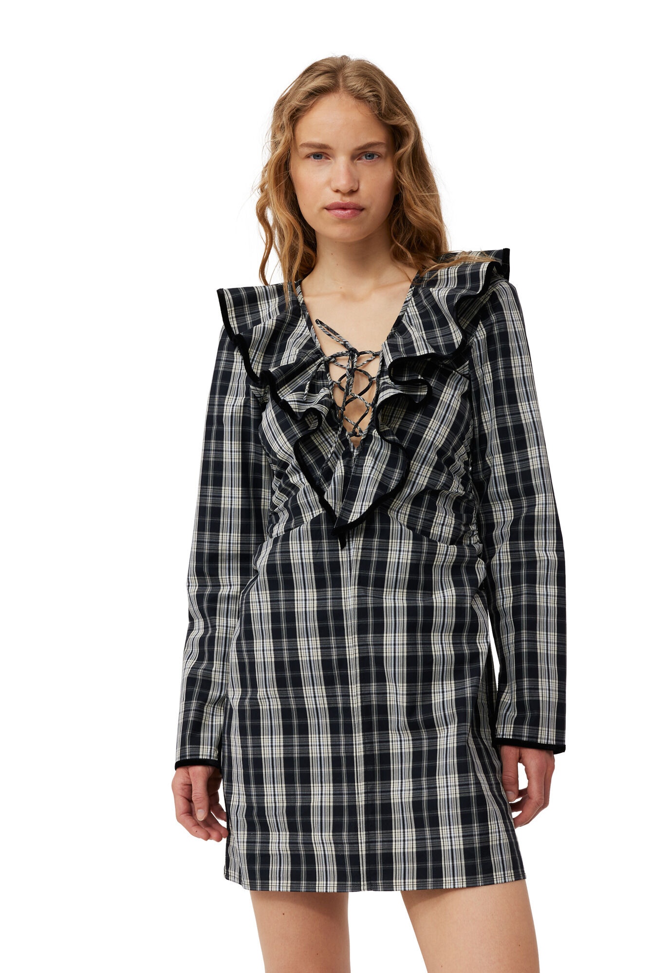 CHECKERED COTTON RUFFLE V-NECK MINI DRESS - 6