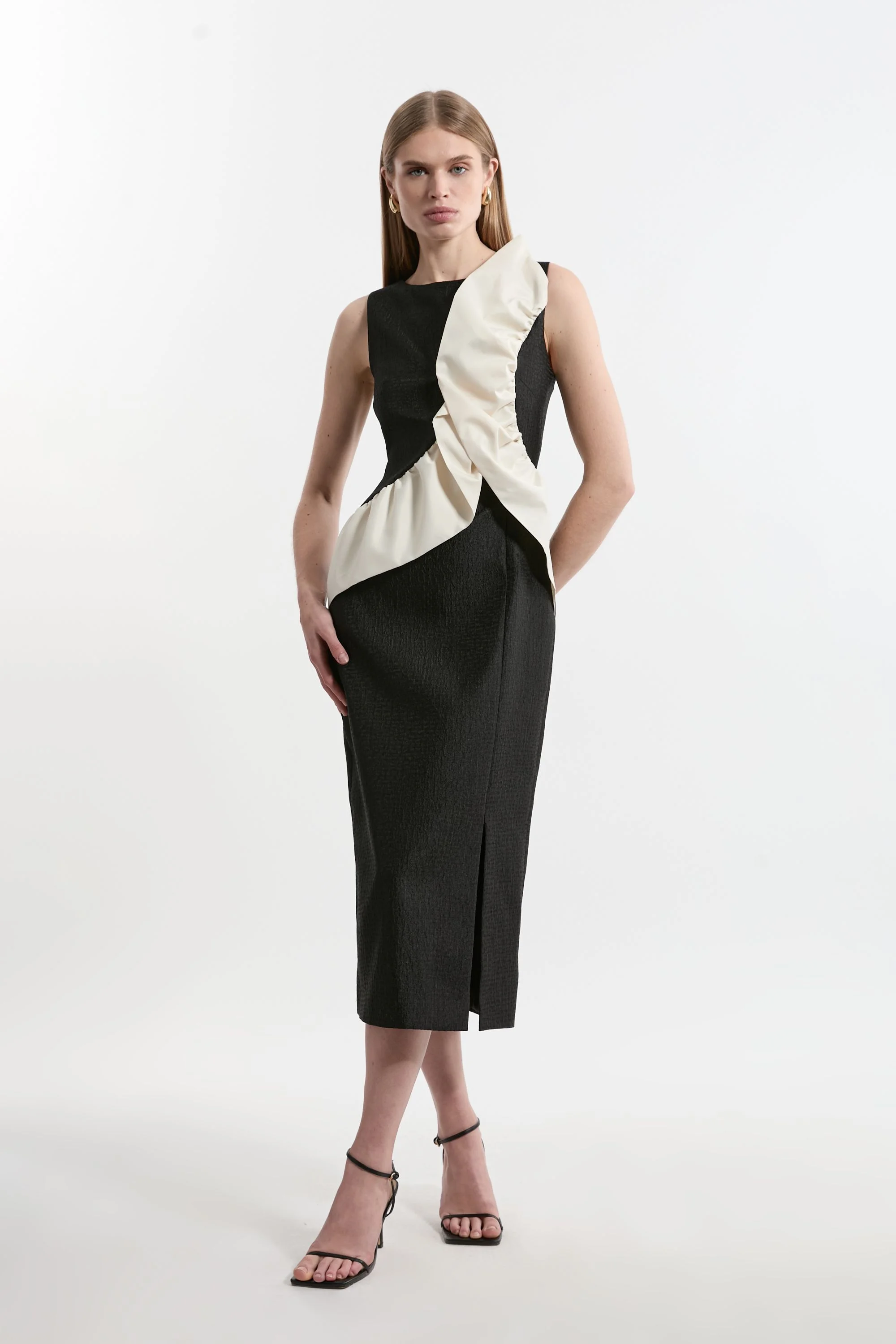 Petite Textured Tailored Contrast Taffeta Ruffle Maxi Dress - 1