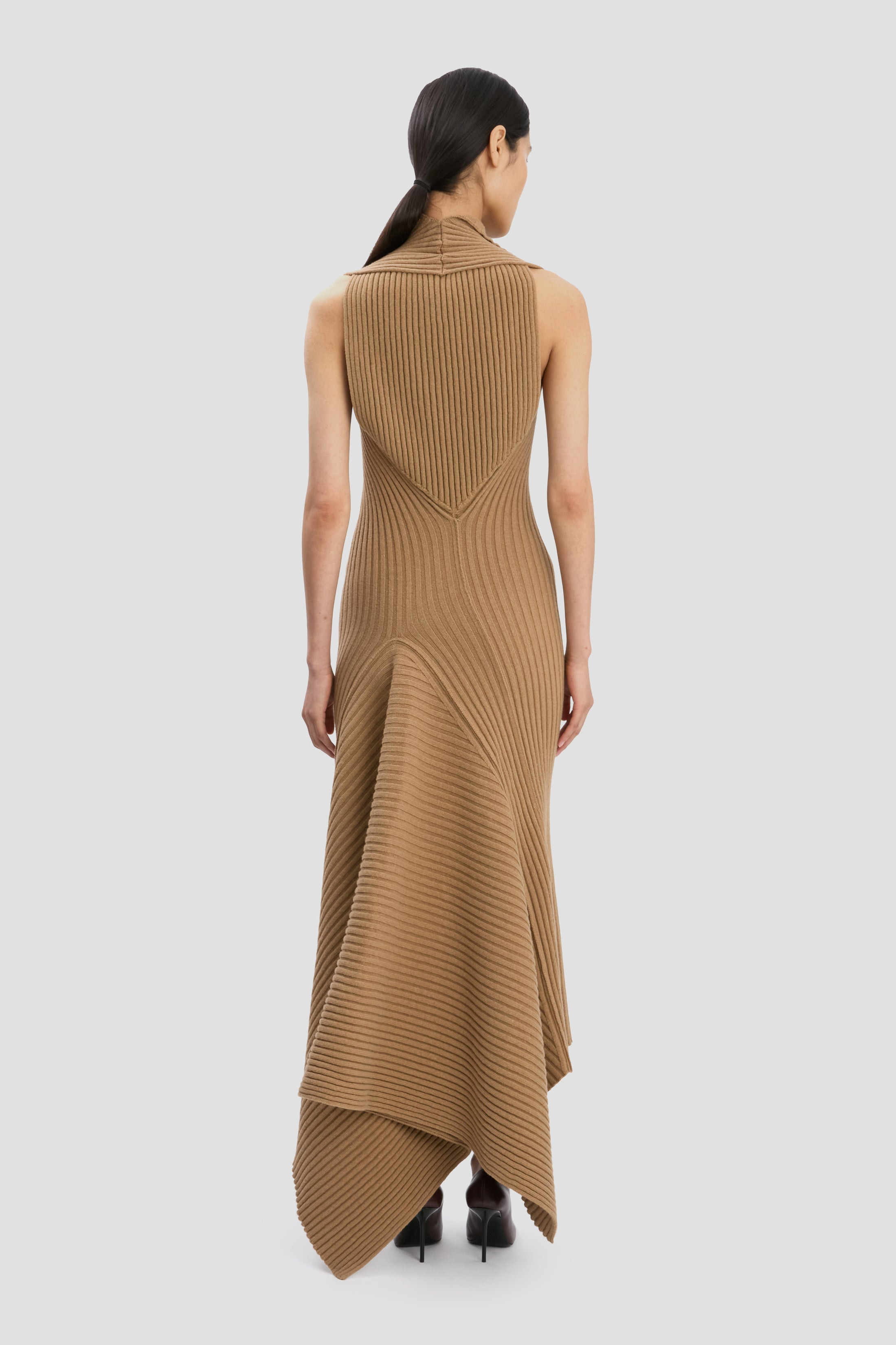 Draped Sleeveless Rib Midi Dress In Dark Camel - 6