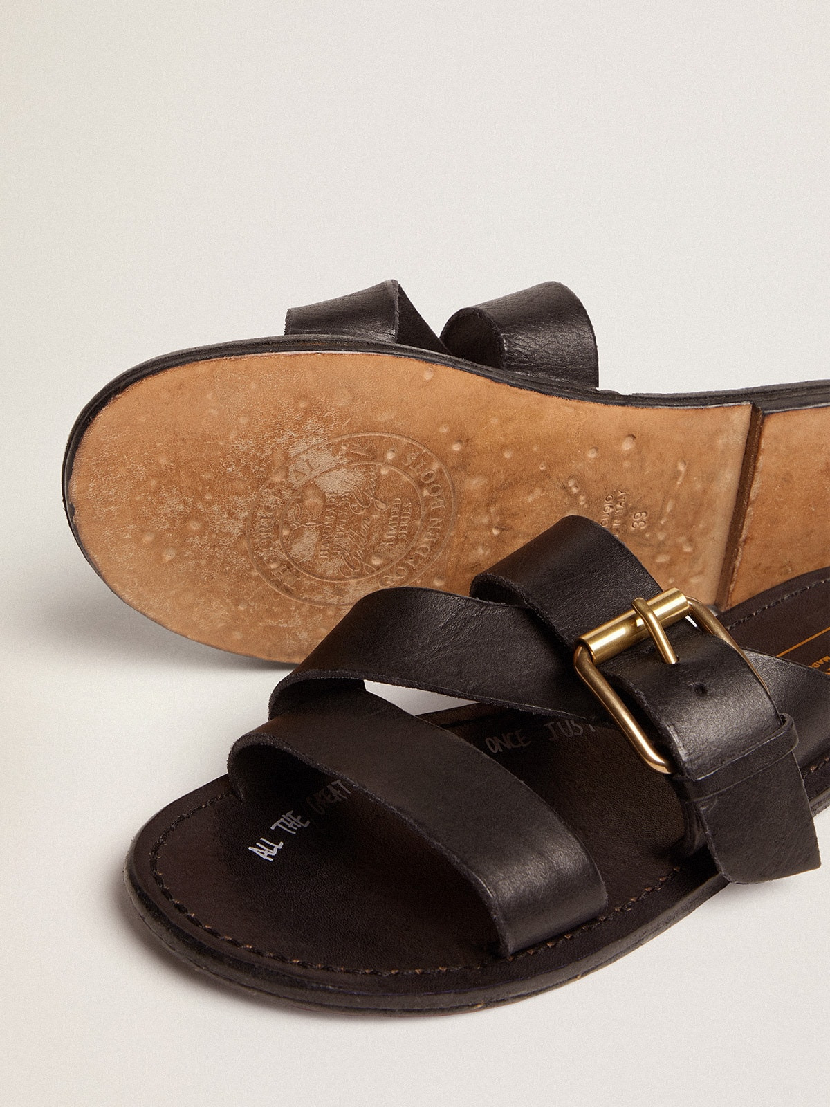 Women's flat sandals in black resin-coated leather - 4