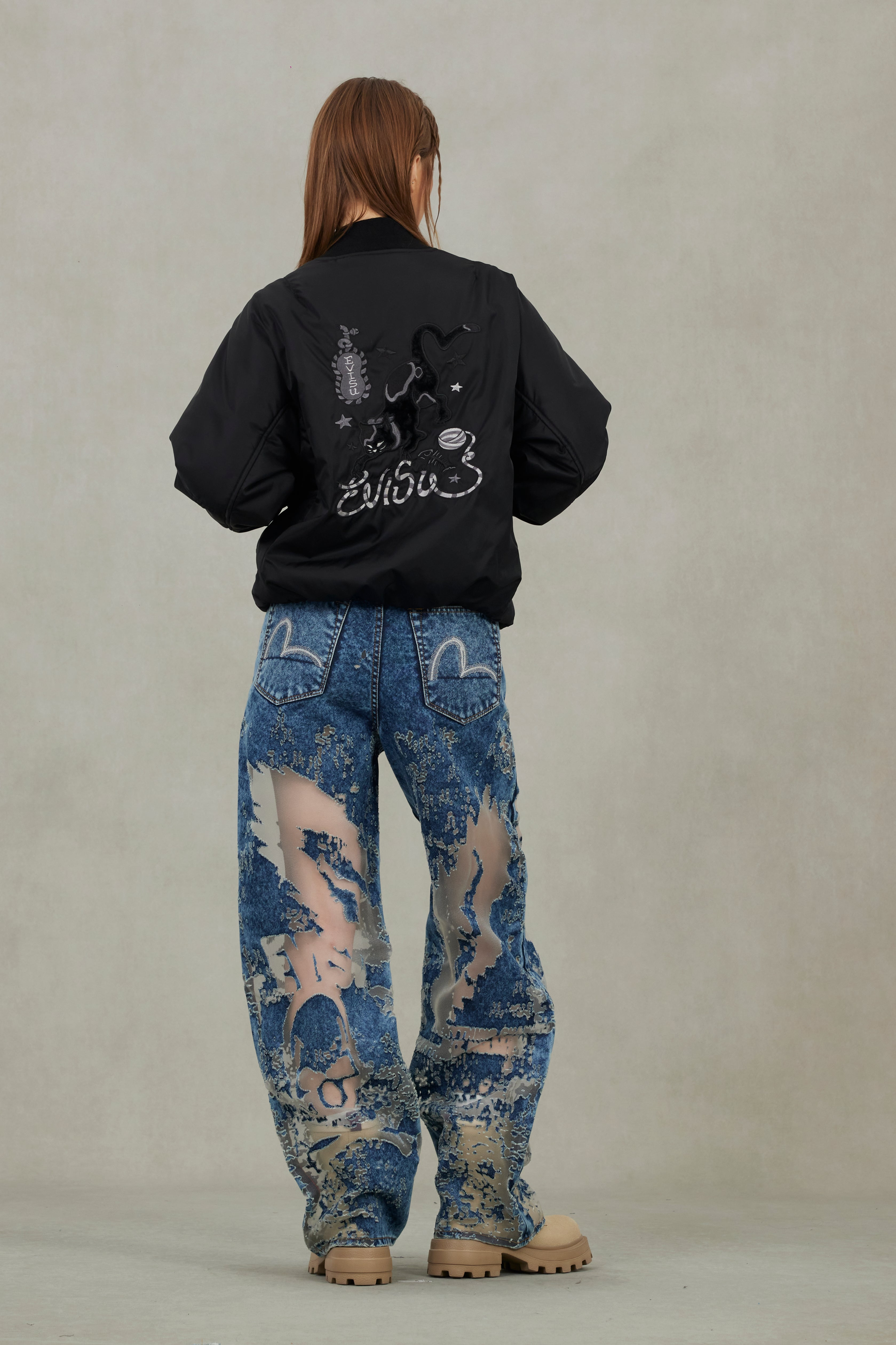 Fuzzy Cat Appliqué and Logo Embroidery Drop-Shoulder Bomber Jacket - 6
