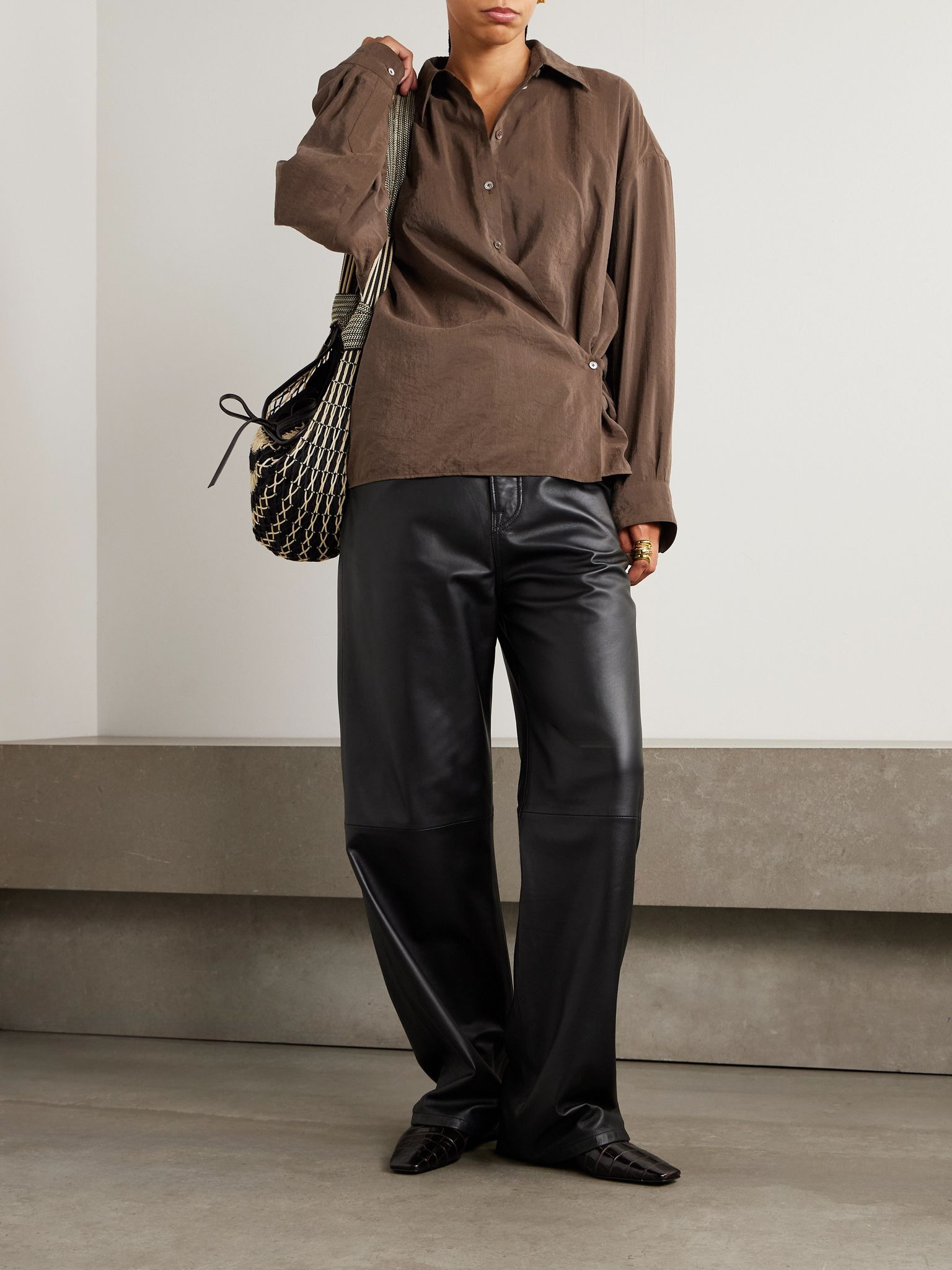 Twisted crinkled silk-blend wrap shirt Brown - 2