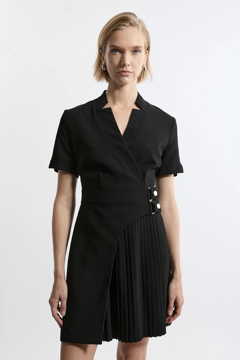 Tailored Crepe Military Pleat Notch Neck Wrap Mini Dress - 1