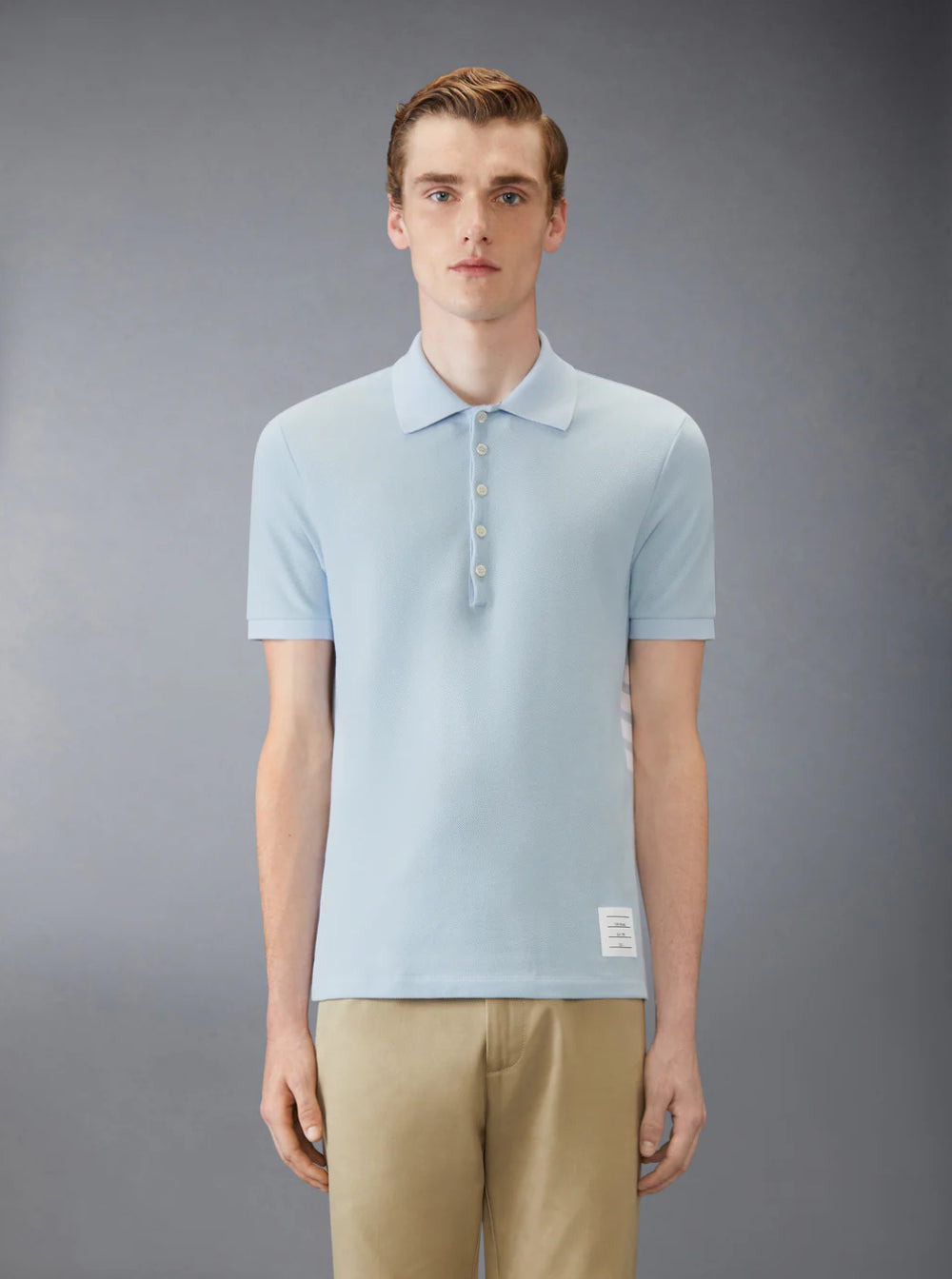 Thom Browne Men Light Blue Polo Shirt With Four Stripe Detail And Logo Patch On The Front In Cotton  - 4