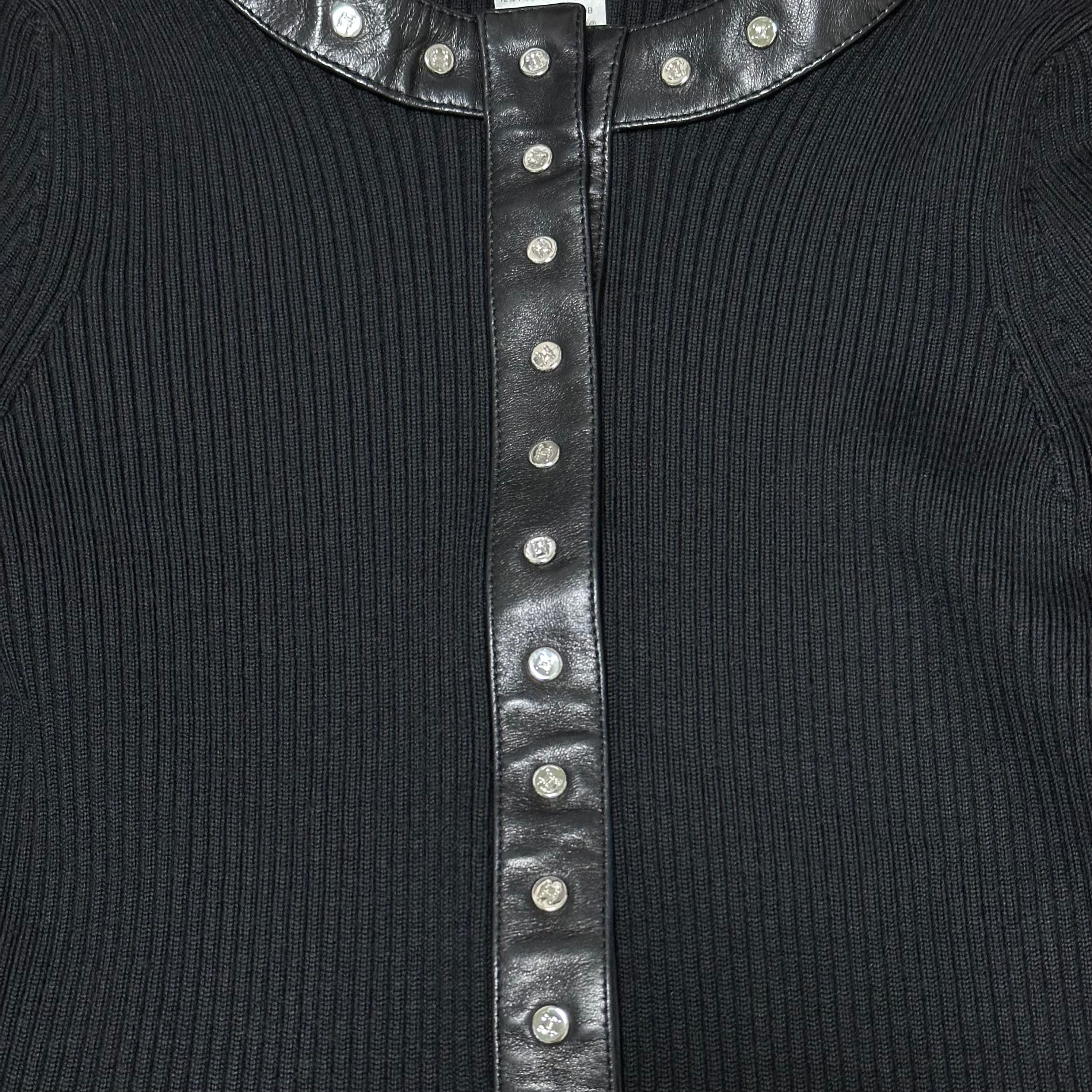 CELINE Studded Leather Trim Ribbed Knit Cardigan - 4
