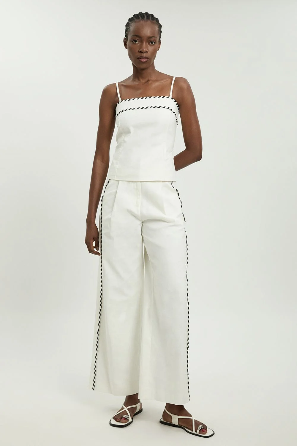 Tailored Linen Blend Contrast Stitch Straight Leg Trouser - 1