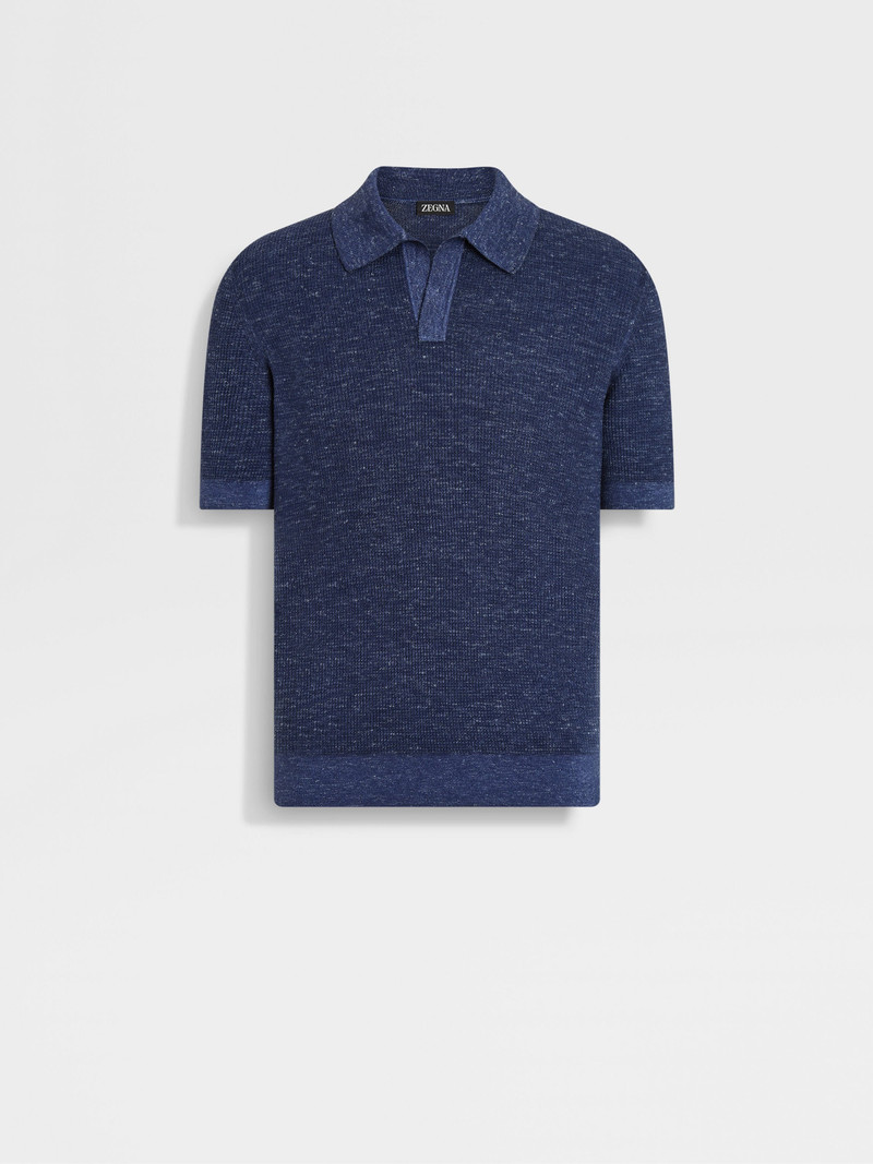 ZEGNA INK BLUE MÉLANGE SILK CASHMERE AND LINEN POLO SHIRT outlook