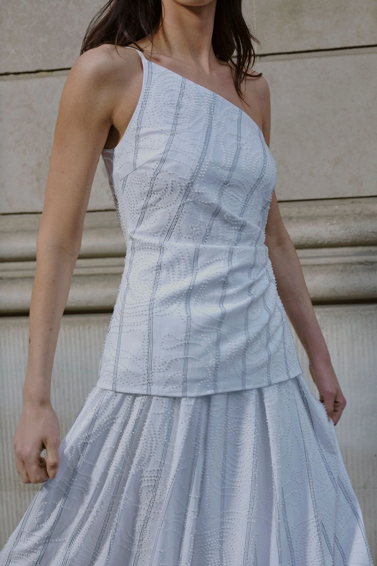 Beaded Pinstripe Asymmetric Neck Tailored Top - 1
