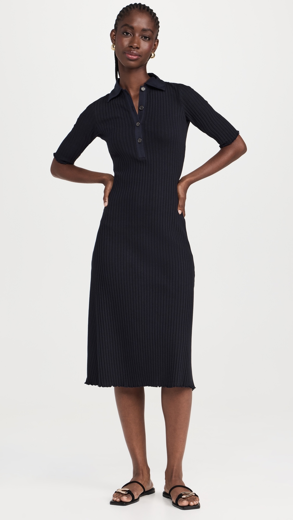 Rib Elbow Sleeve Polo Midi Dress - 4