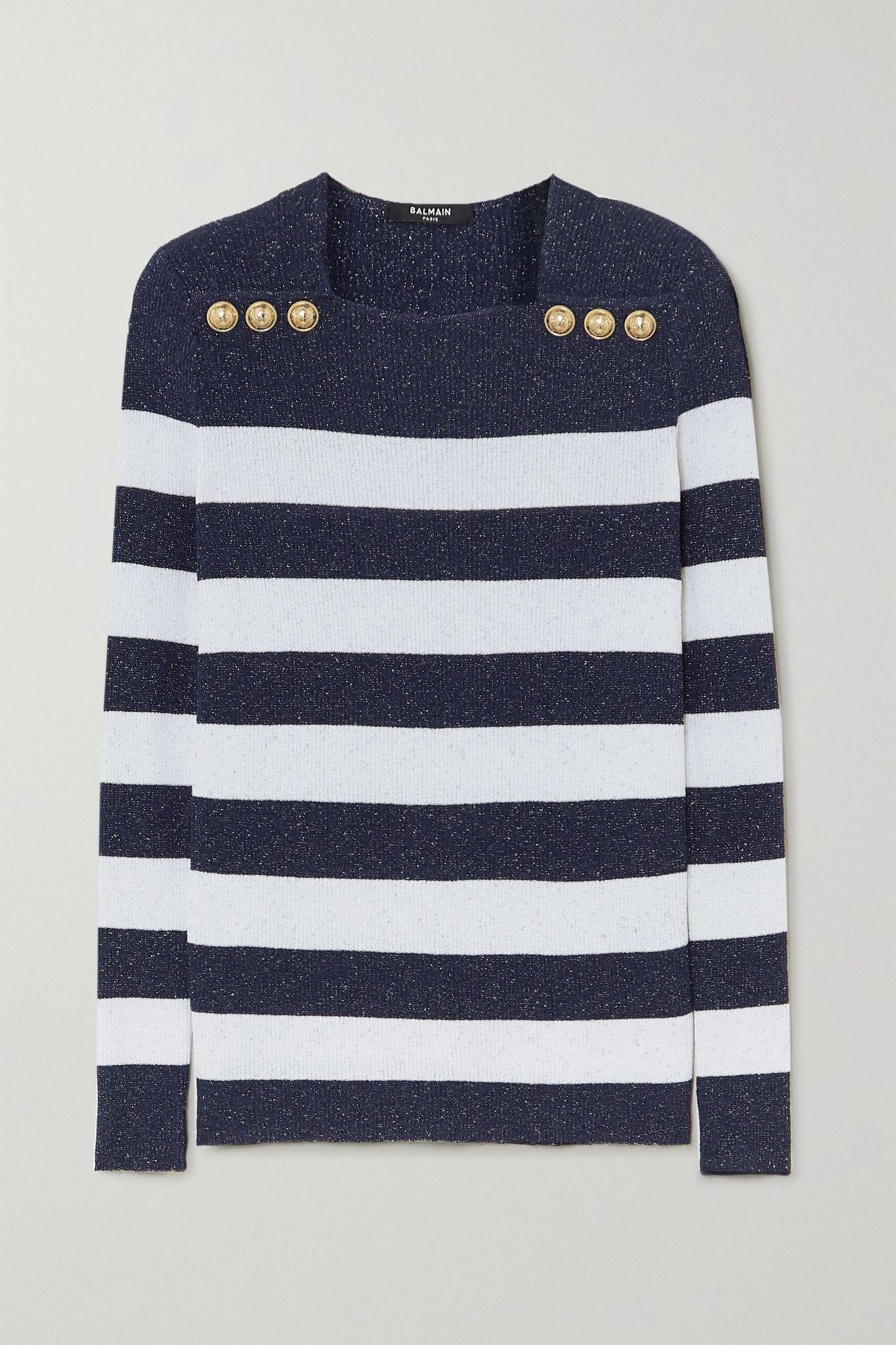 Button-embellished metallic striped ribbed-knit sweater - 1