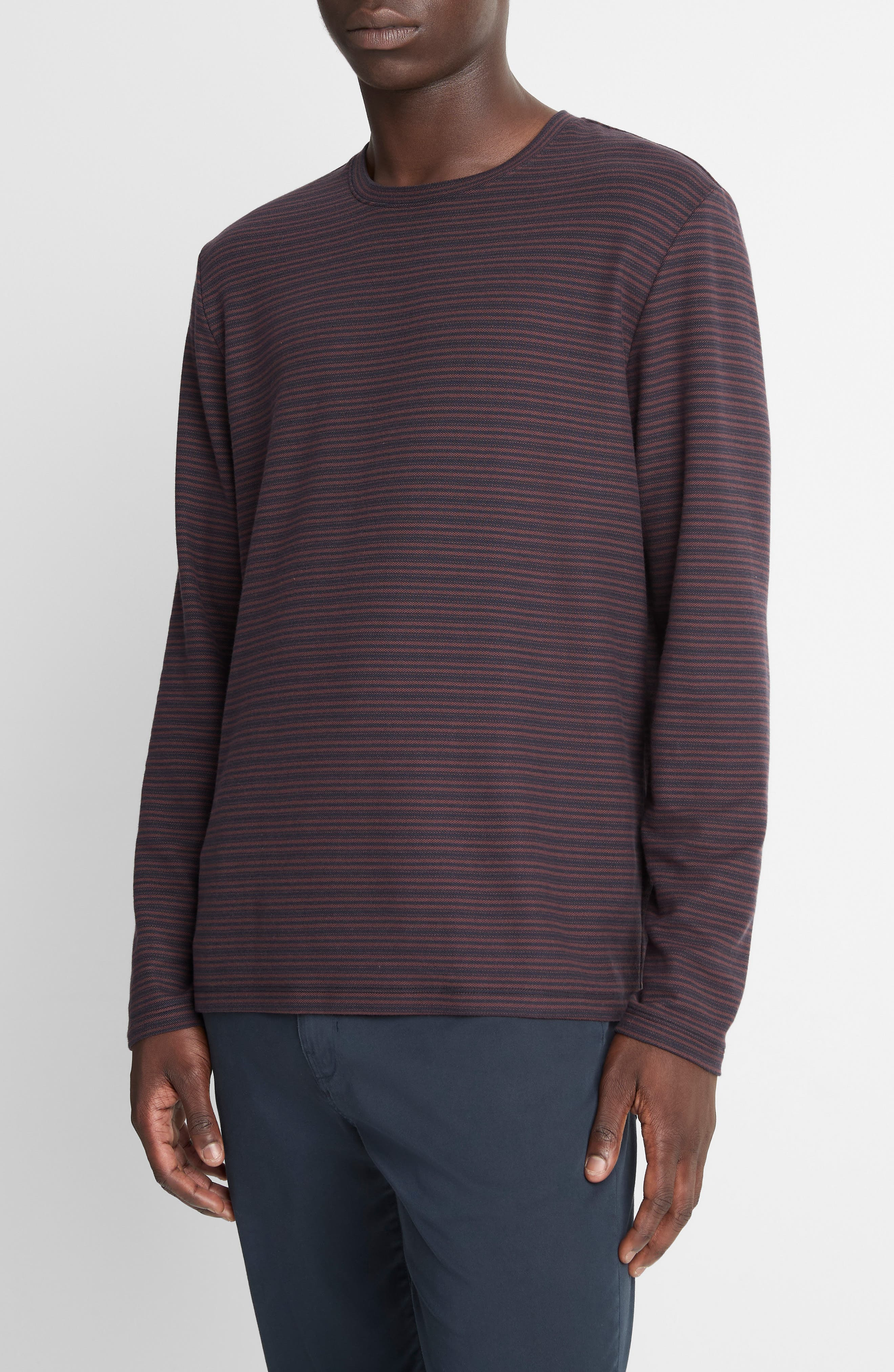 Vince Stripe Long Sleeve Pima Cotton Piqué Crewenck T-Shirt in Coastal/Port at Nordstrom - 3