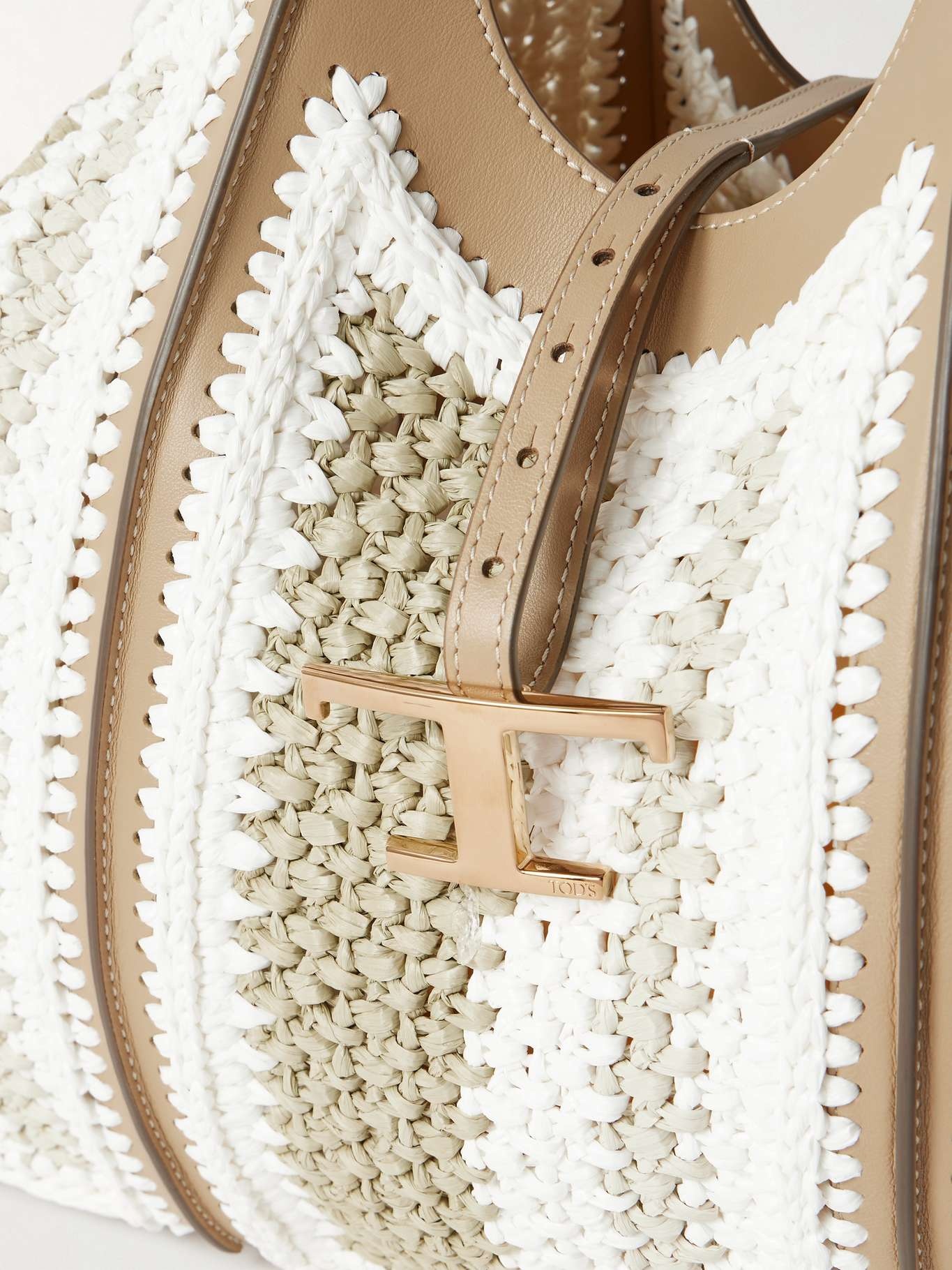 TSB leather-trimmed crocheted raffia shoulder bag Taupe - 4