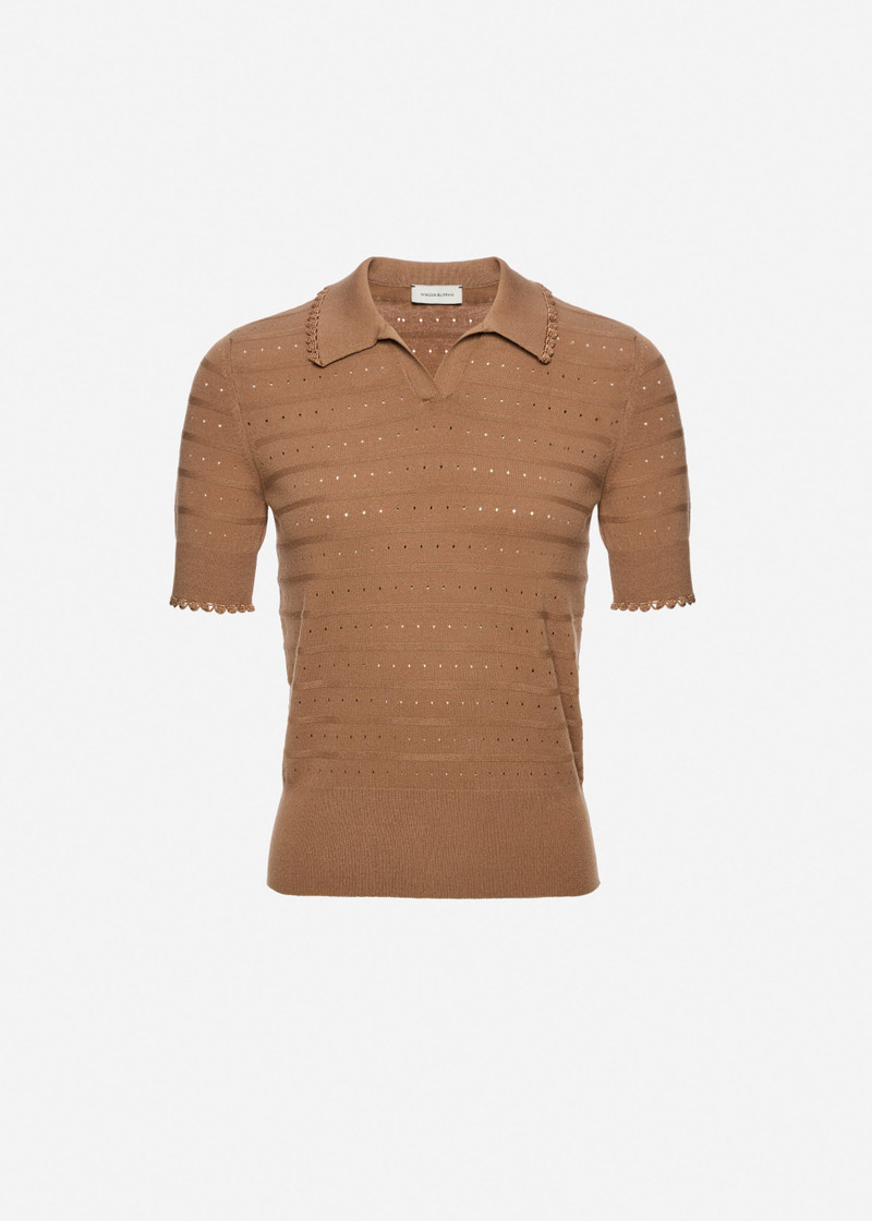 Polo knit top with frill details in beige 1
