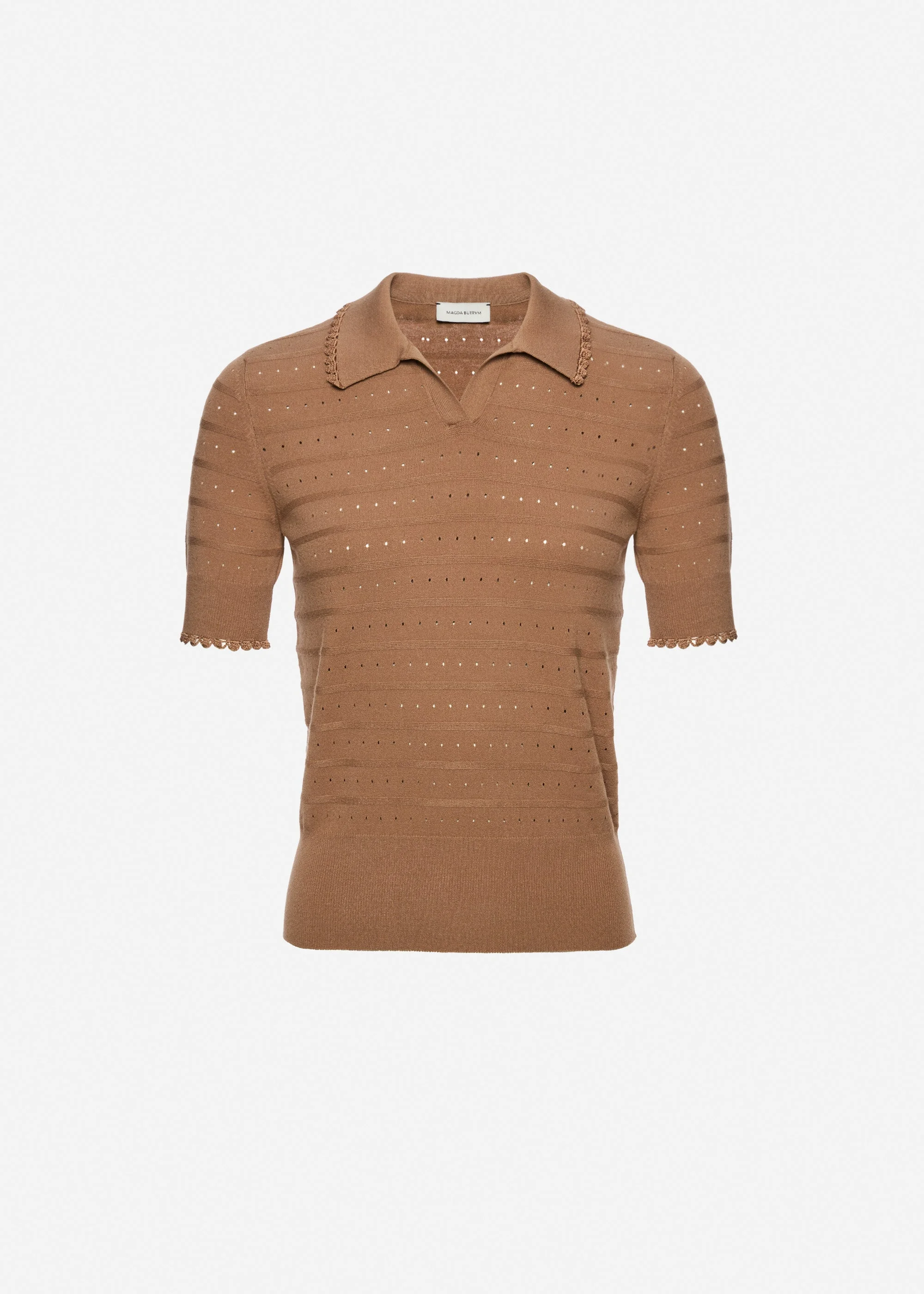 Polo knit top with frill details in beige - 1