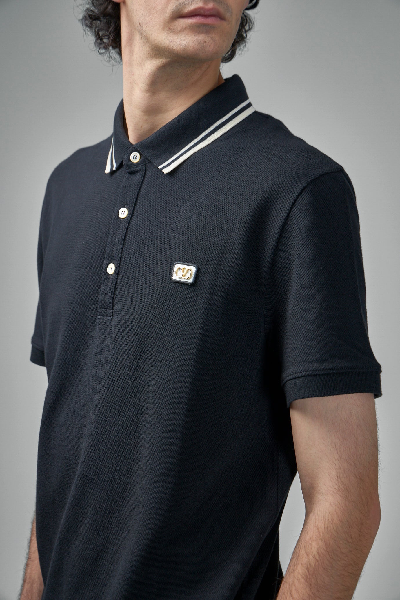 Cotton Piqué Polo Shirt with V-Logo Patch - 4