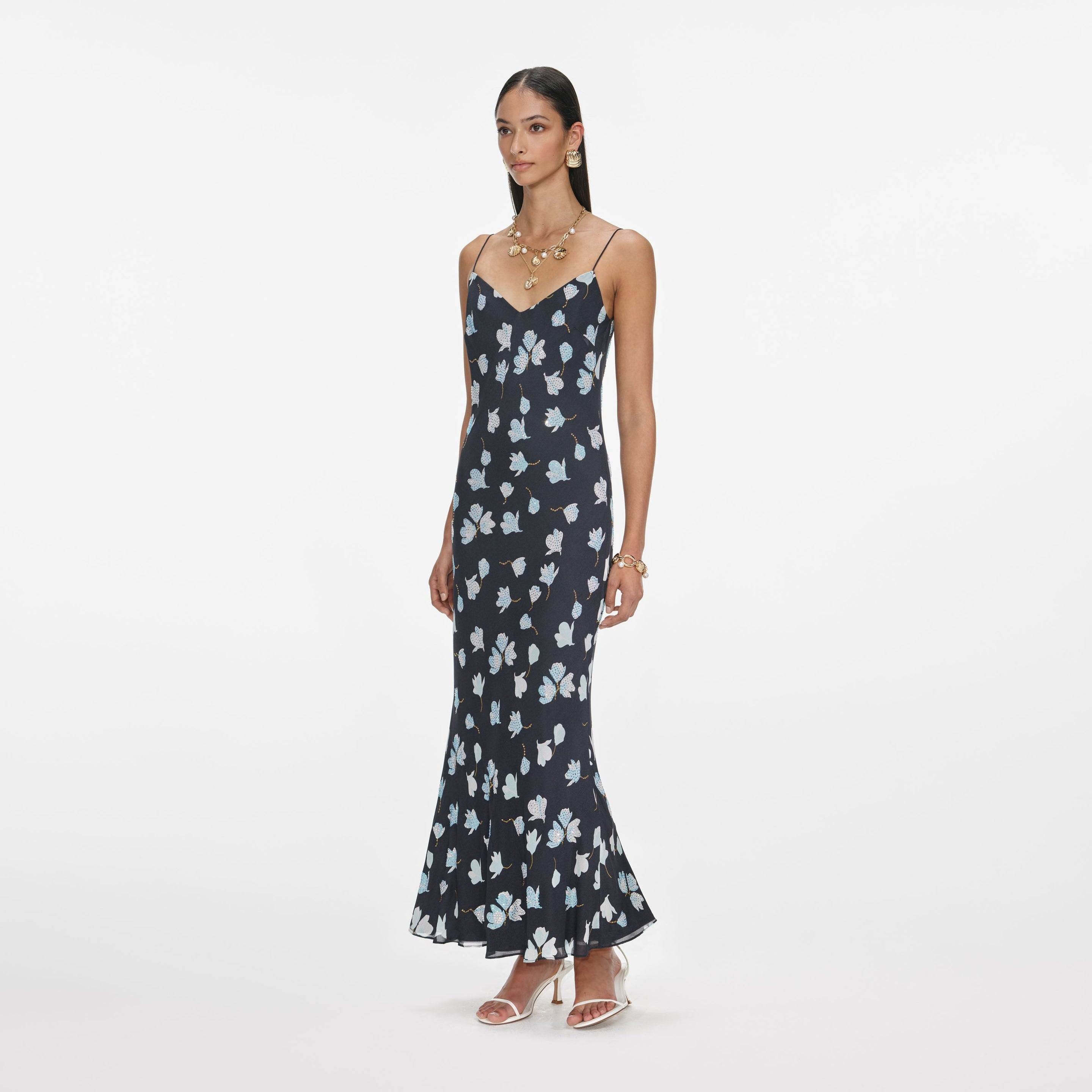 Navy Floral Rhinestone Midi Dress - 2