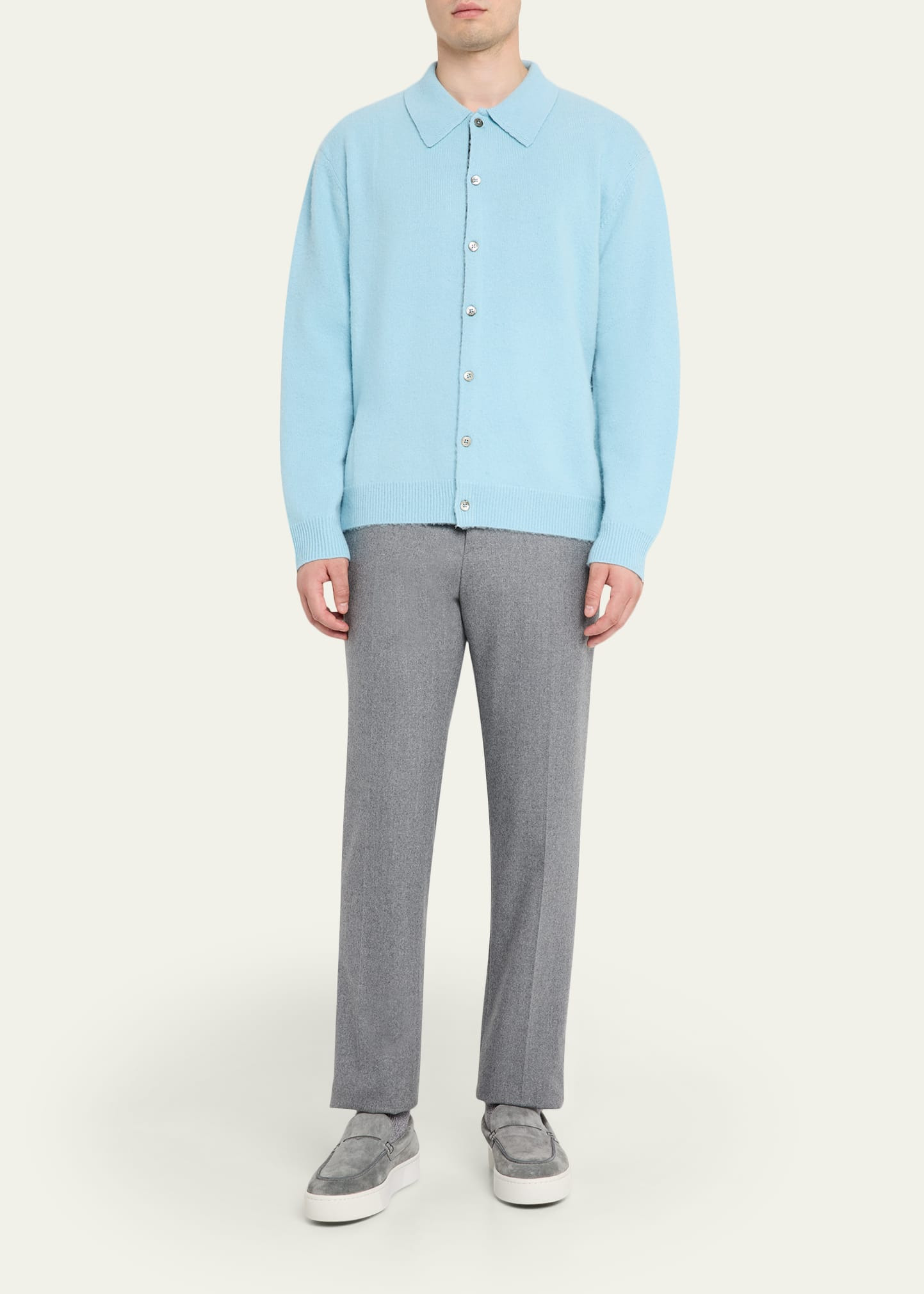 Men's Brushed Wool and Cashmere Color-Block Polo Cardigan - 2