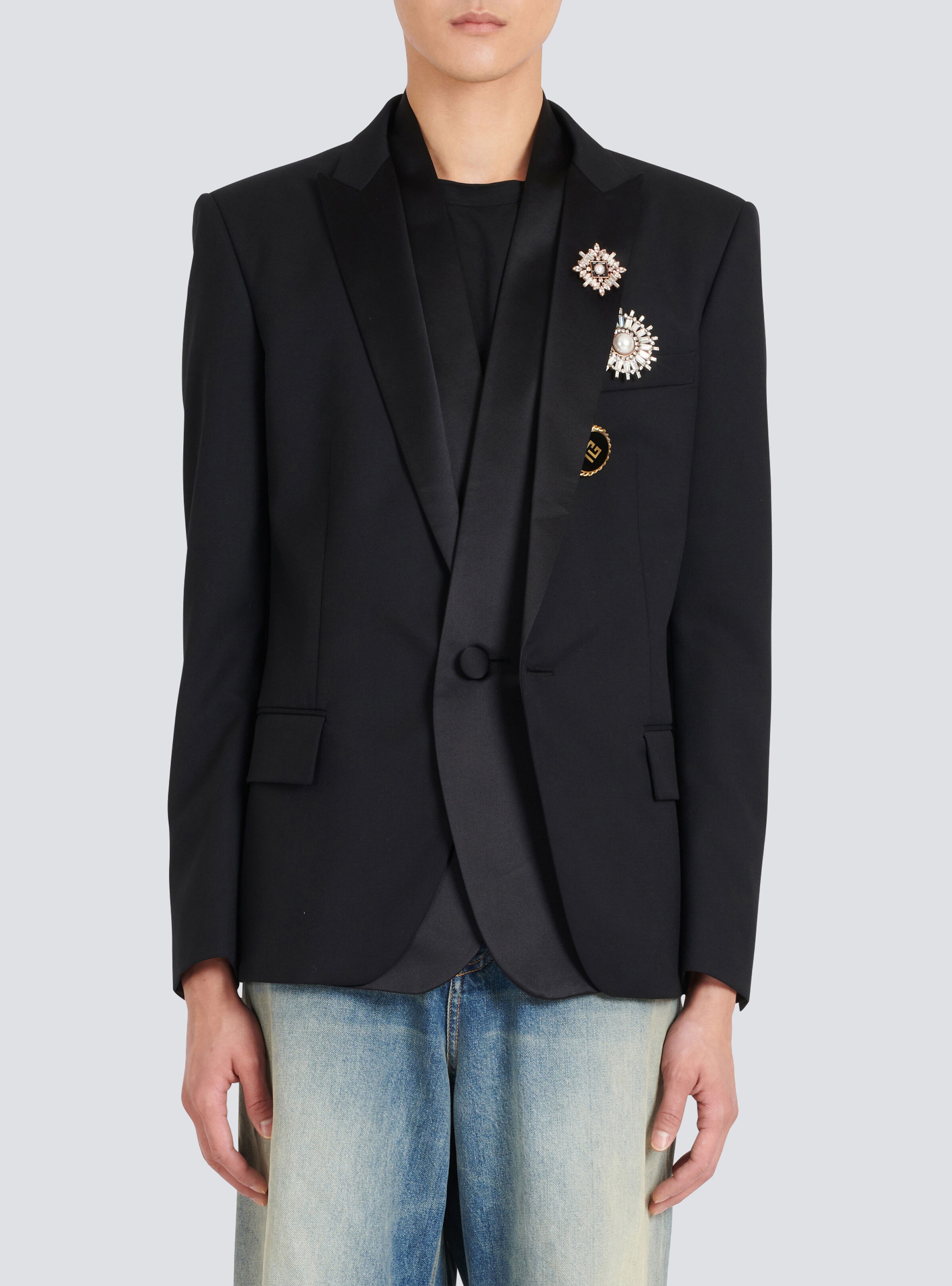 Wool blazer with embroidered badges and satin collar - 7