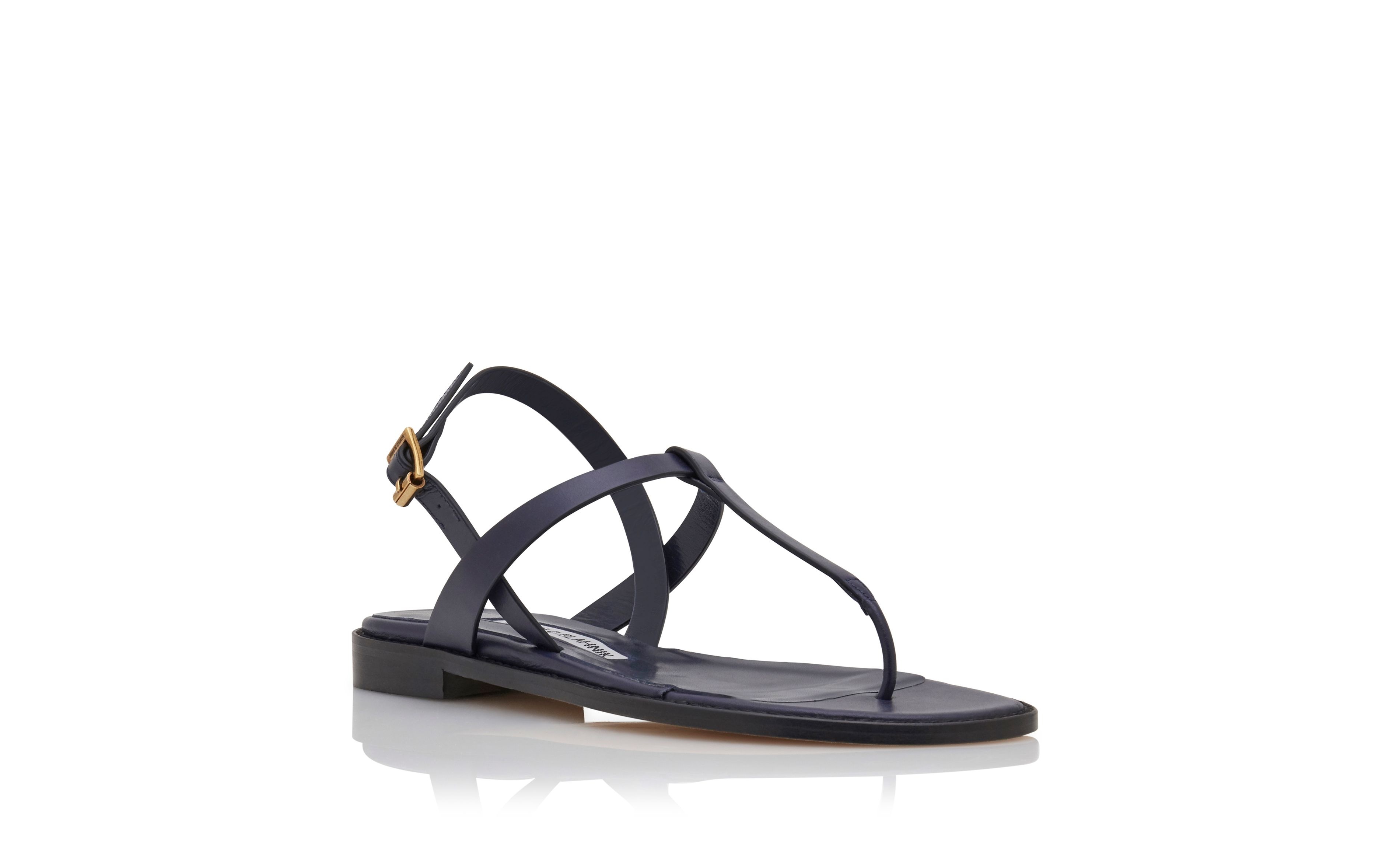 Navy Blue Calf Leather Flat Sandals - 3