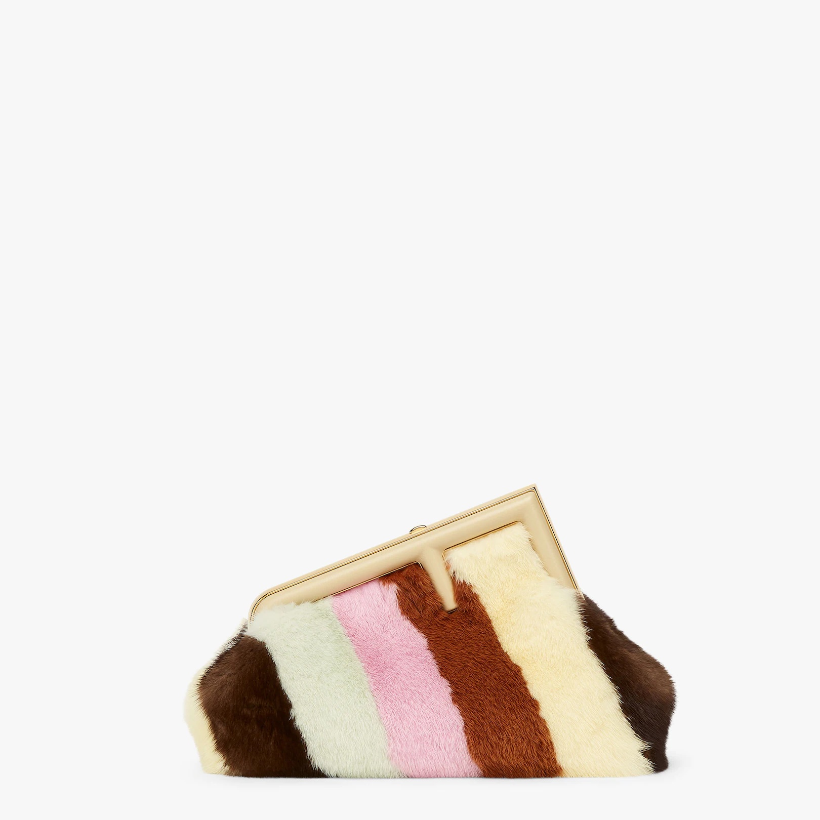 Small Fendi First bag in soft mink with hand inlays to create a multicolored diagonal striped motif. - 1