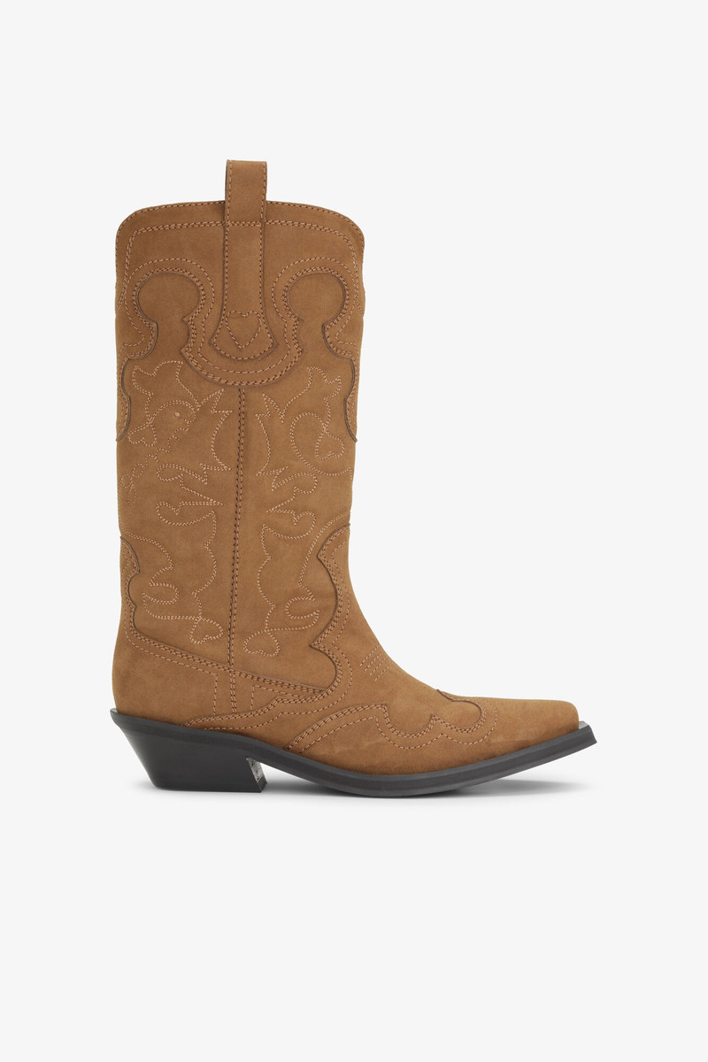 BROWN SUEDE MID SHAFT EMBROIDERED WESTERN BOOTS - 1