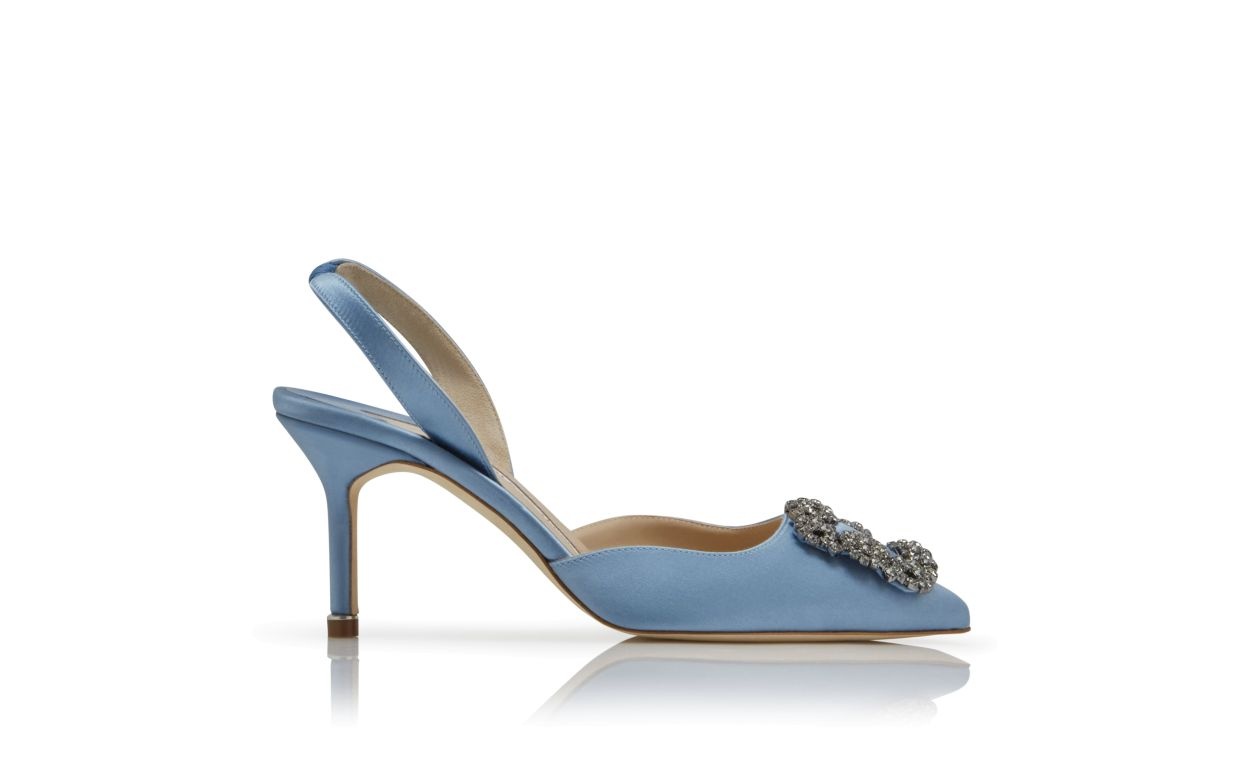 Light Blue Satin Jewel Buckle Slingback Pumps - 1