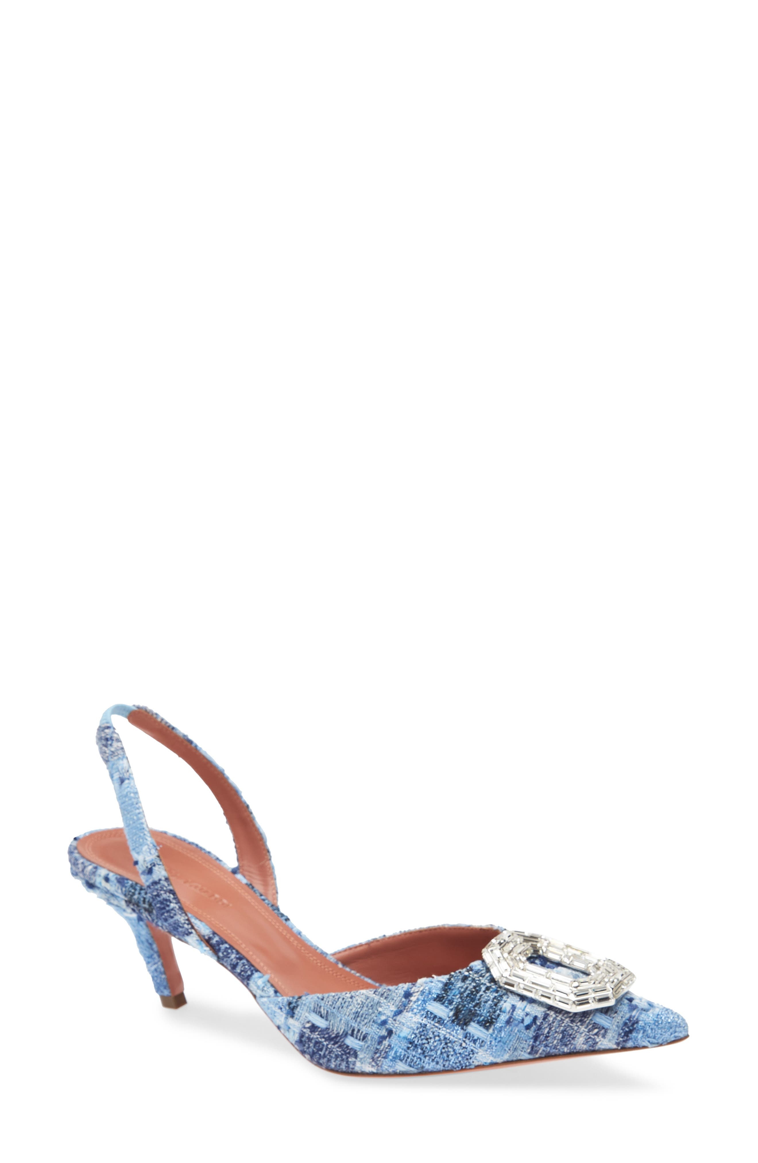 Amina Muaddi Camelia Crystal Buckle Pointed Toe Slingback Pump in Tweed Blue White Buckle at Nordstr - 1