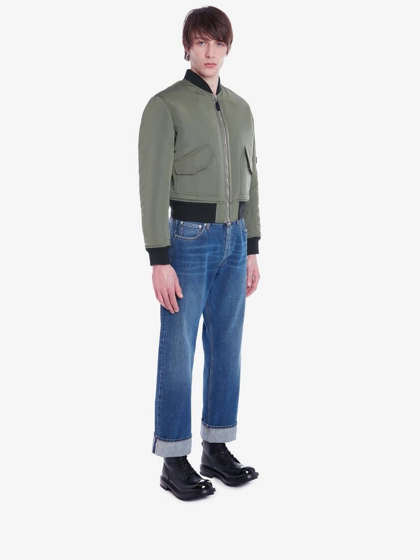 Mcqueen Graffiti Cropped Bomber Jacket in Military Green - 3