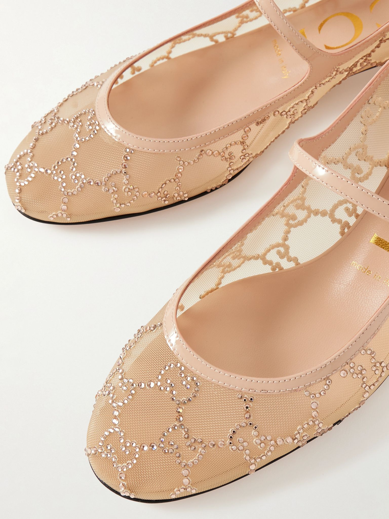 Charline patent leather-trimmed crystal-embellished mesh Mary Jane pumps Cream - 4