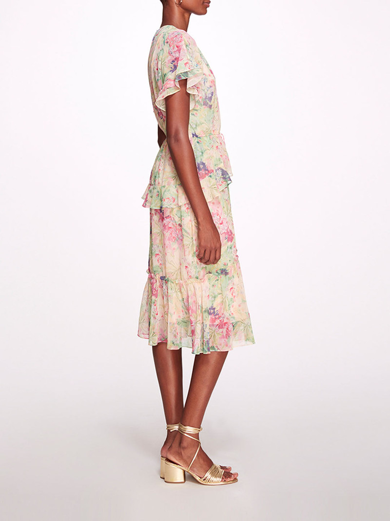 Marchesa LITA CHIFFON MIDI RUFFLE DRESS outlook