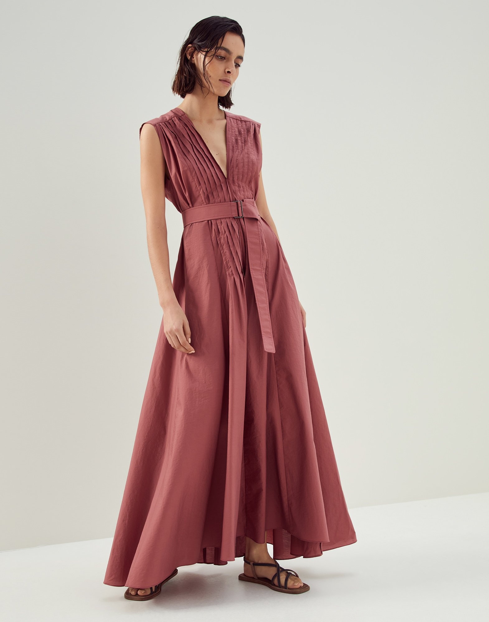 Brunello Cucinelli - Violet Poplin Sleeveless Belted Midi Dress