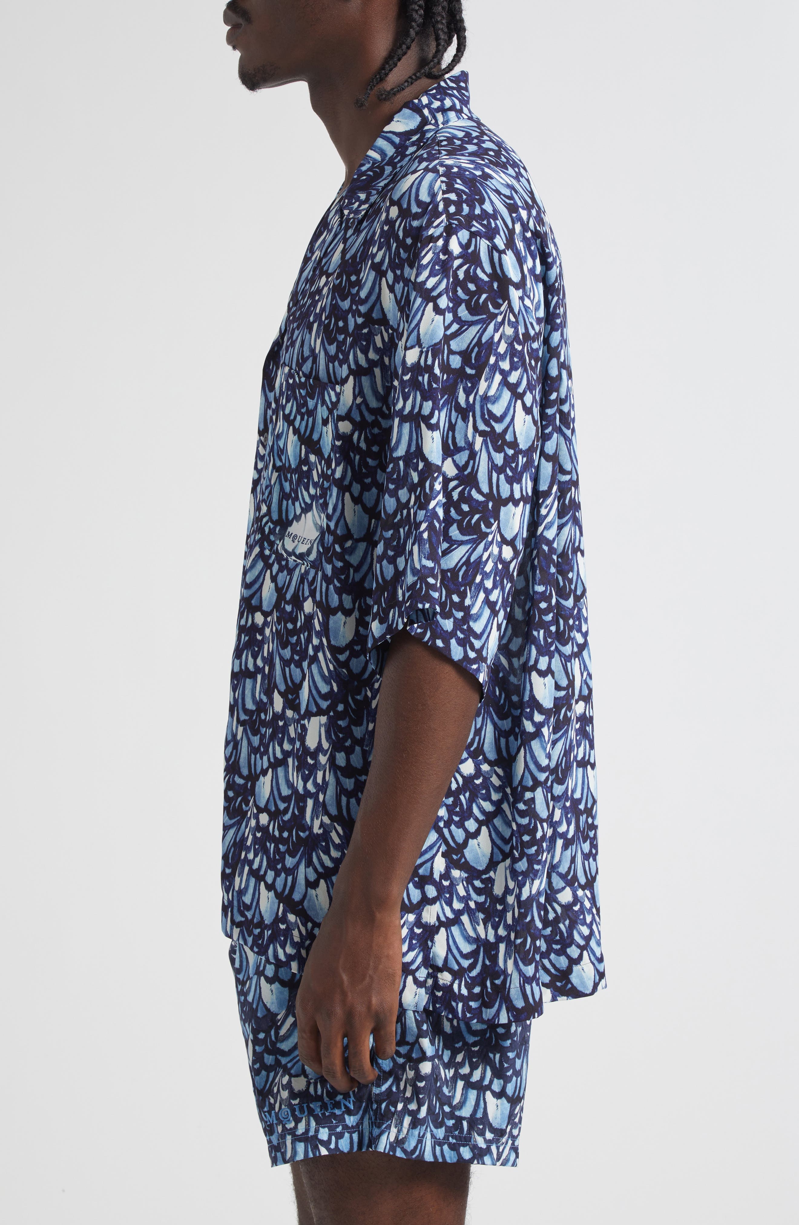 McQueen Feather Print Boxy Camp Shirt in Blue at Nordstrom - 3