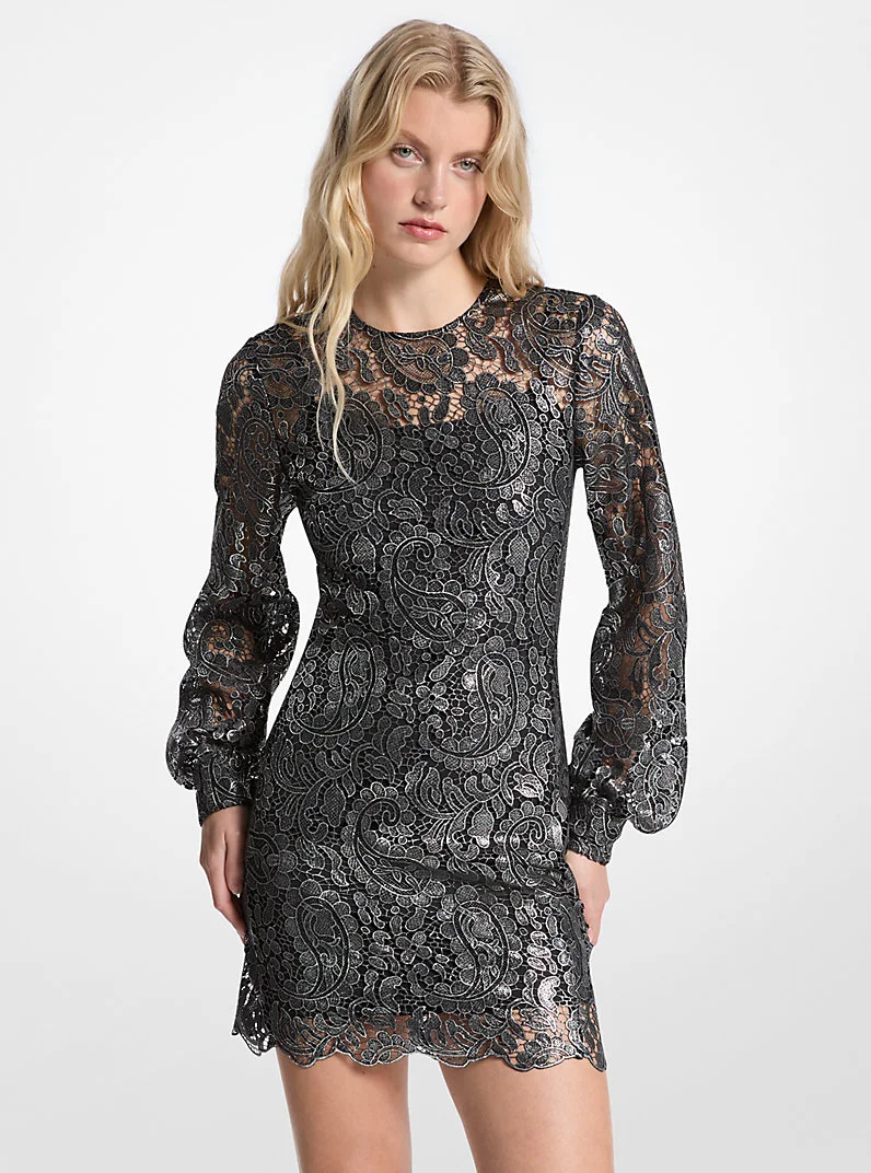 Metallic Paisley Lace Mini Dress - 1