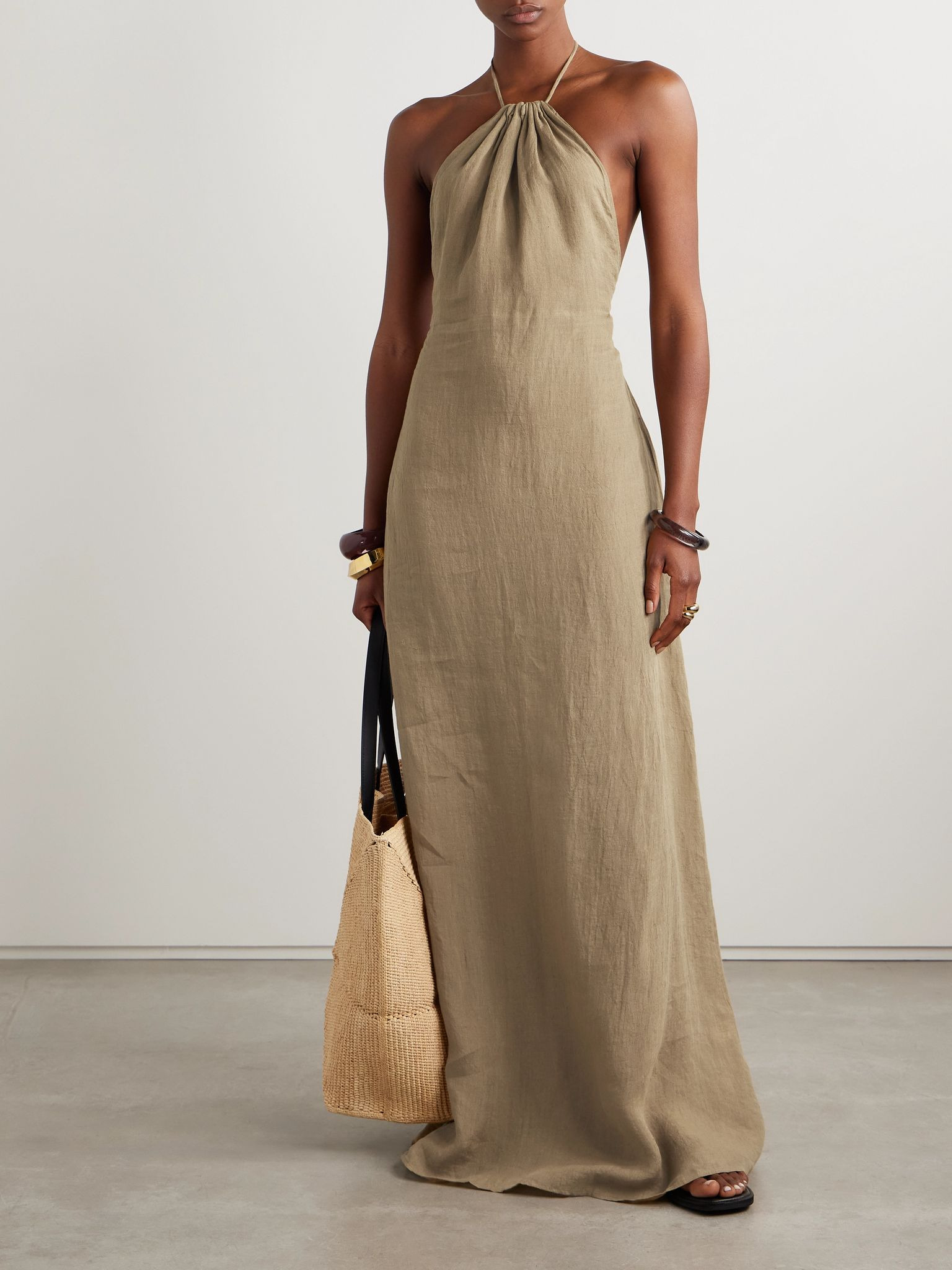 Lelia open-back linen-voile halterneck maxi dress Beige - 3