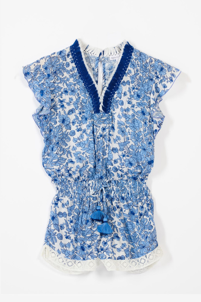 Poupette St Barth Short Jumpsuit Sasha for girls - Blue Aquaflora outlook