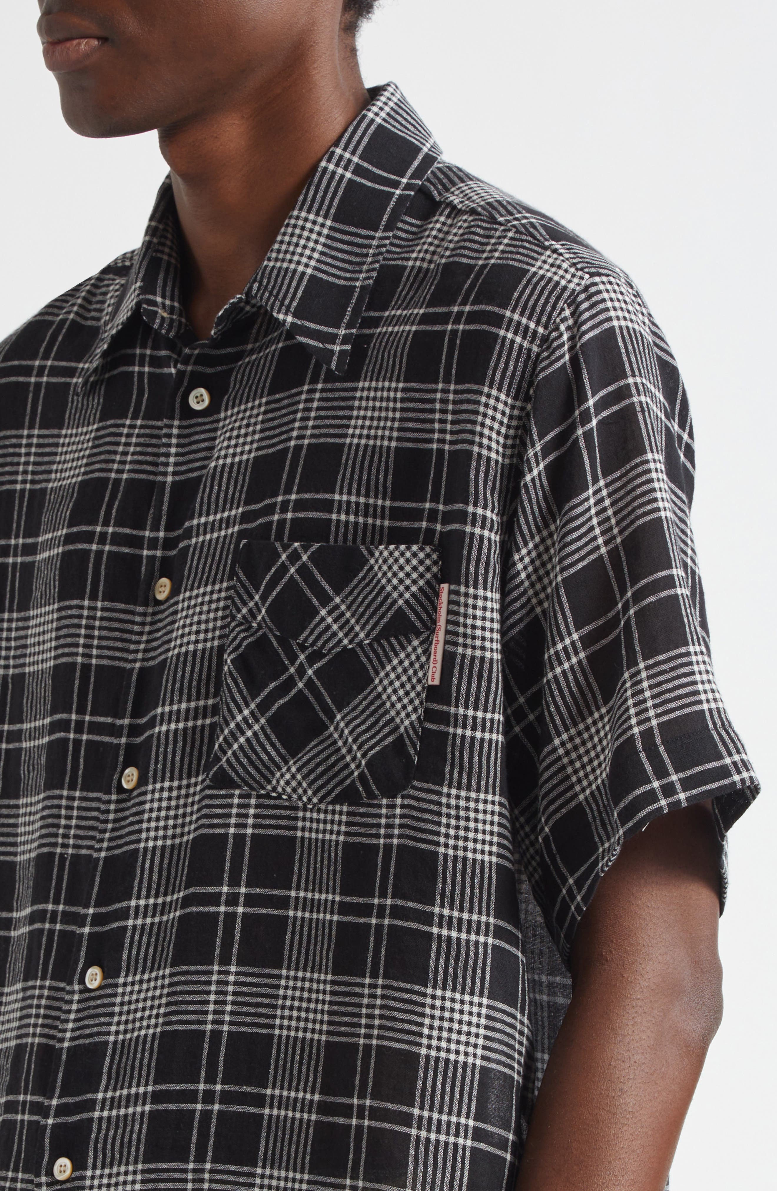 STOCKHOLM SURFBOARD CLUB Jerry Plaid Short Sleeve Button-Up Shirt in Black Check at Nordstrom - 4